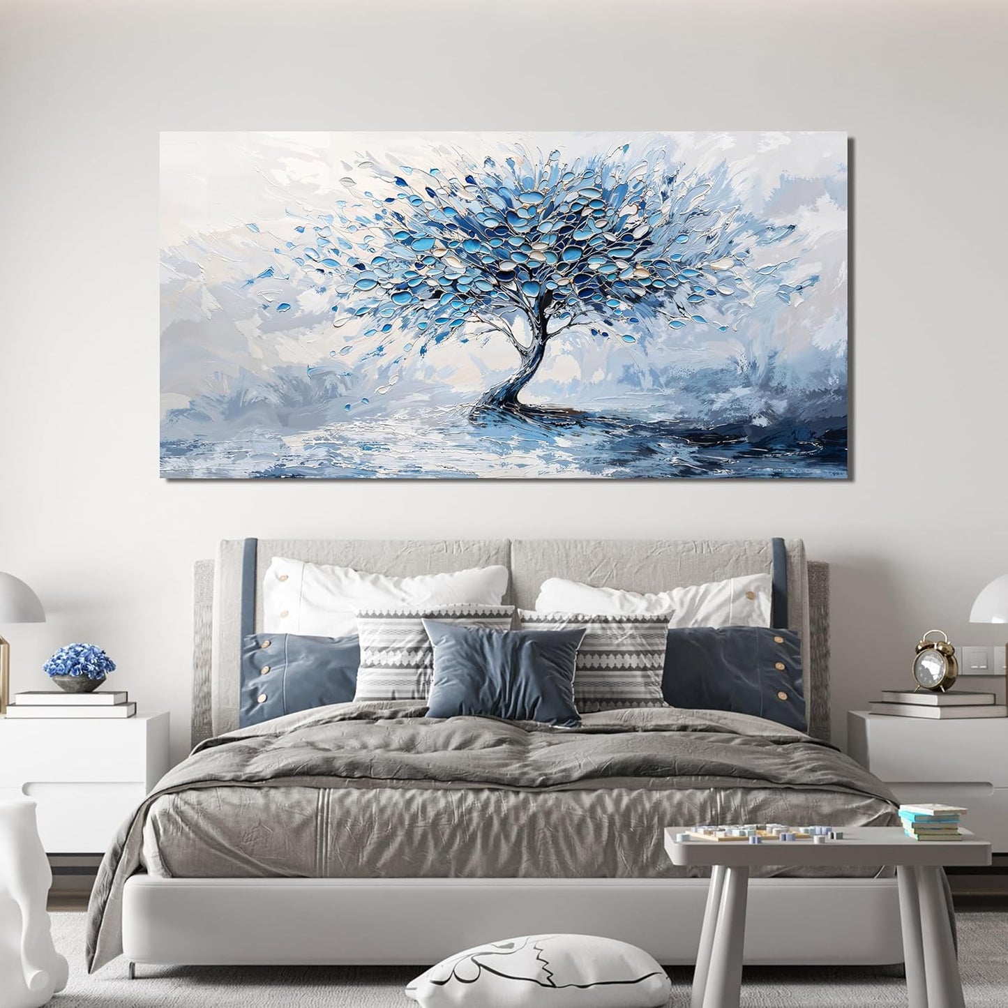Canvas Wall Art Decor Modern Blue White Wall Art Prints Wall Art Pictures for Living Room Oversized Artwork for Walls Abstract Art Large Tree of Life Wall Art Decorations Bedroom Office Decor 29"X58"