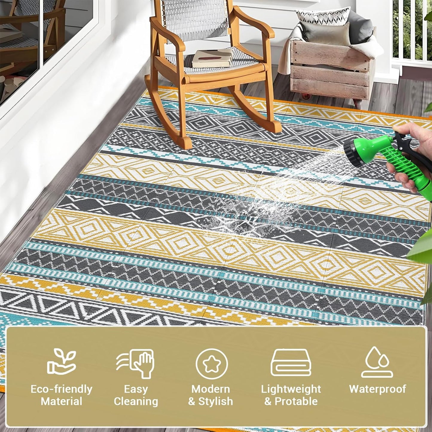 GAOMON Outdoor Rug 9'x12' Waterproof Rug for Patio Decor, Foldable Reversible Plastic Straw Area Rugs Mat for Camper, Outside Carpet for Deck, Porch, Picnic, Beach, Teal/Yellow(Bohemia)