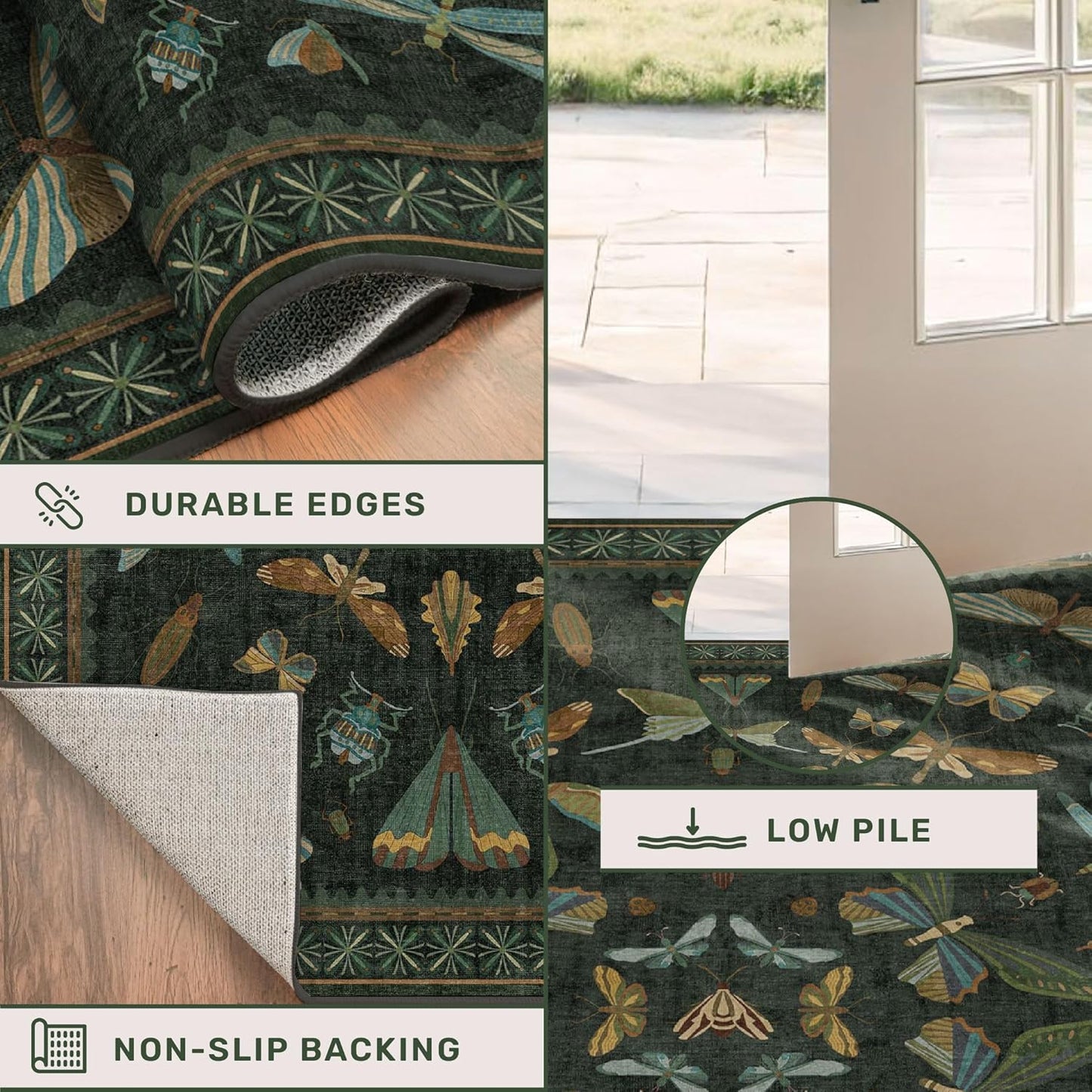 6x9 Dark Green Area Rugs for Dining Room - Rugs for Living Room, Bedroom Under Bed, Insect Moth Floral Non Slip Low Pile Floor Carpet