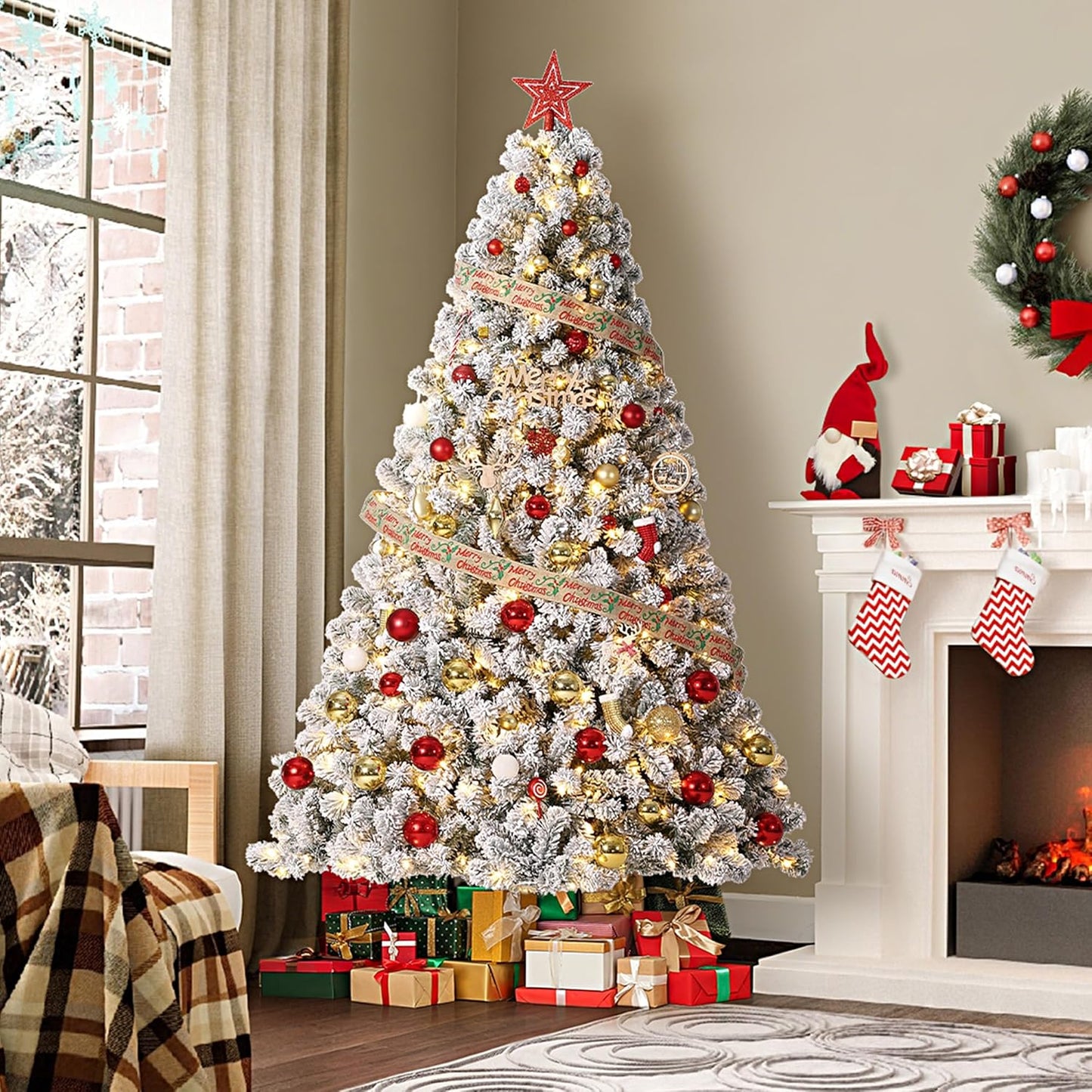 GarveeHome 9ft Prelit Artificial Christmas Tree with Warm White Lights, Snow Flocked Full Xmas Tree with 1800 Branch Tips, 900 LED Lights & Foldable Stand, Green & White Christmas Decorations