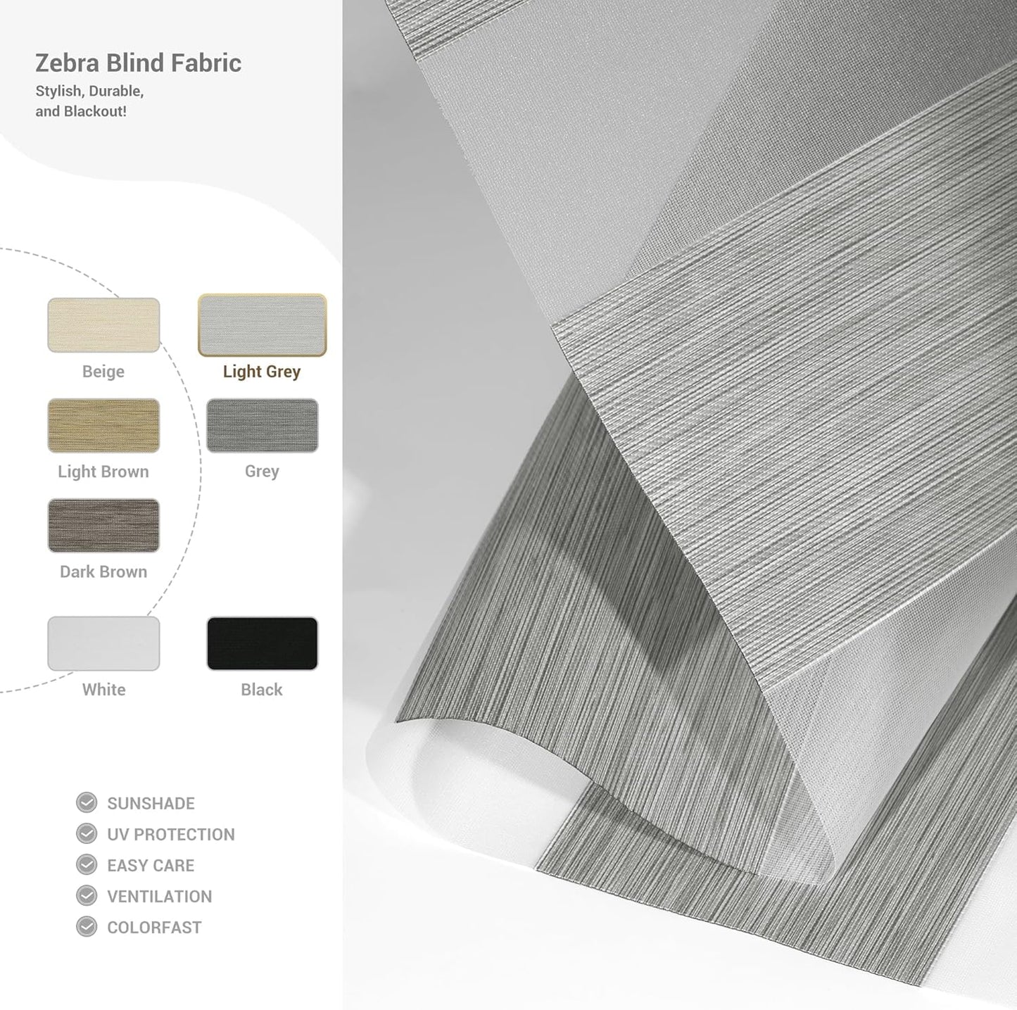 Cordless Zebra Blinds for Windows, Blackout Interior Blinds,Easy to Install,UV Protection,for Offices and Home,Custom Roller Shades, Mousse Light Grey,50" W x 48" H
