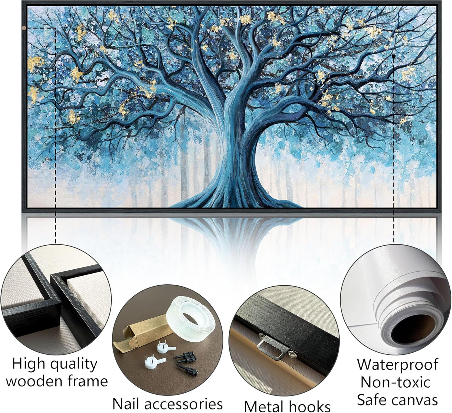 Navy Blue Canvas Wall Art - Blue and Gold Nature Wall Decor, Tree of Life for Bedroom Wall Art, Large Pictures for Living Room, Office, or Bedroom, Framed Landscape Artwork 24×48IN