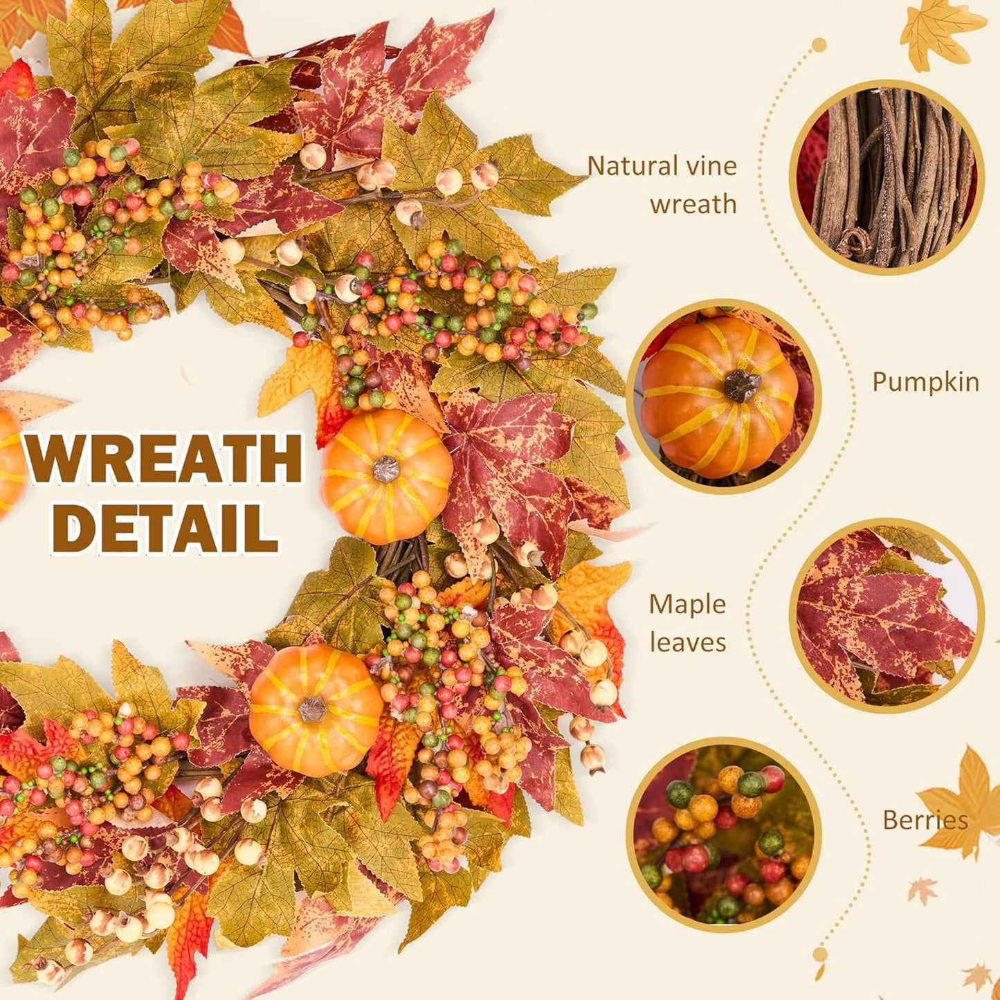 GENMOUS 24 Inch Fall Wreaths for Front Door, Autumn Maple Leaves Wreath for Home Porch Decor, Farmhouse Pumpkin Wreaths for Thanksgiving Halloween Harvest Festival Fall Decoration Outdoor Indoor Home