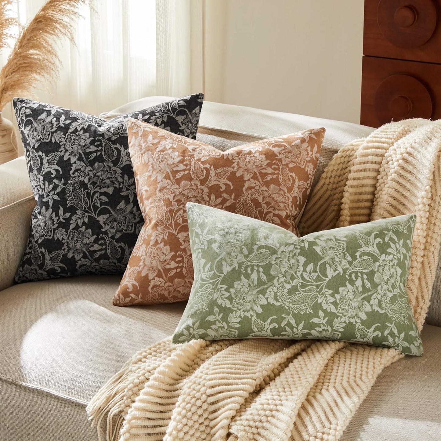 Floral Jacquard Throw Pillow Covers Set of 2, Background/Charcoal 18x18 Inch, Farmhouse Decorative Cotton Dark Grey Cushion Covers for Sofa Bed Living Room Home Decor