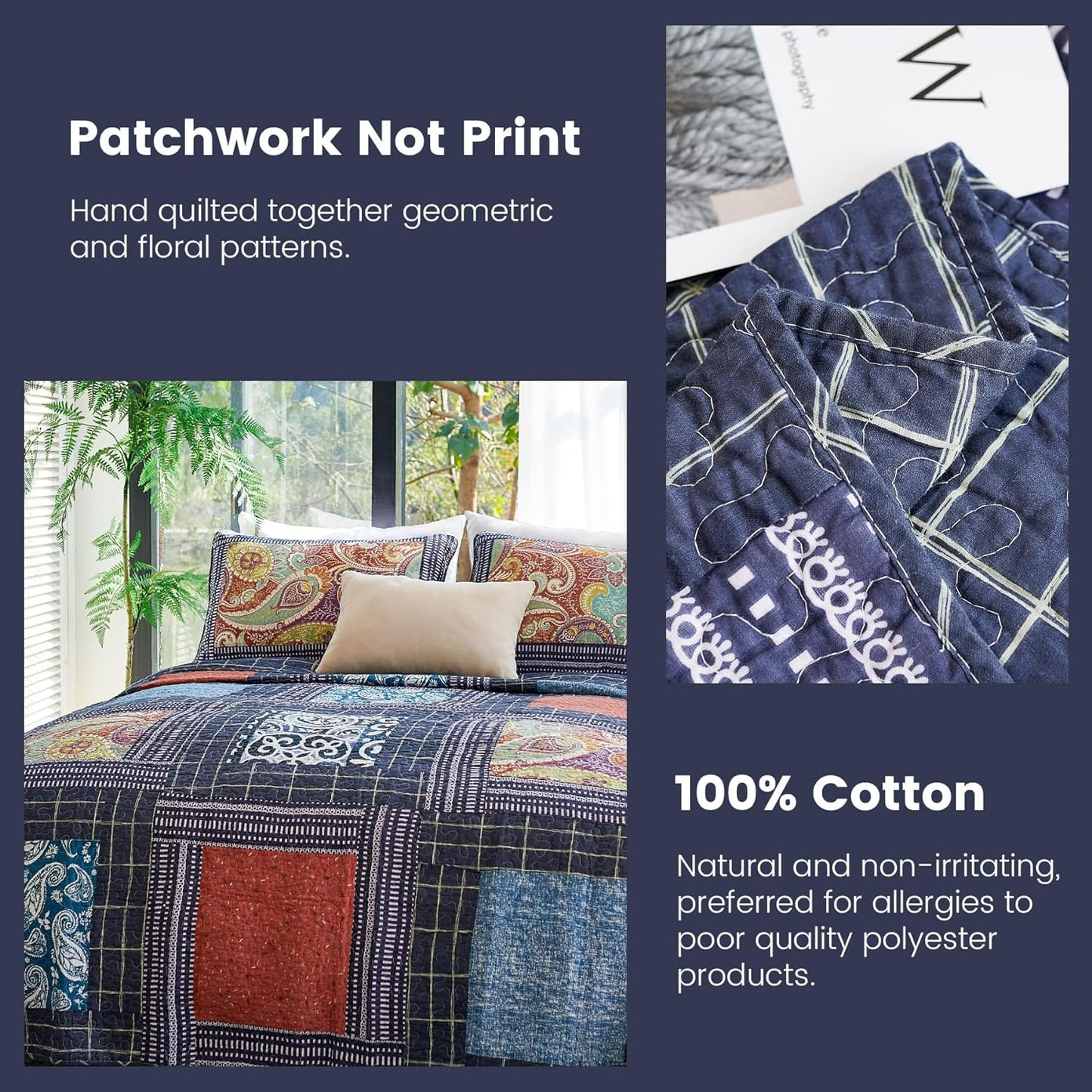 Secgo King Size Comforter Set- 100% Cotton Quilt King Size Set, Black bedspreads (96 * 108 Inch) with 2 Pillow Shams, Patchwork Reversible Lightweight Bedding