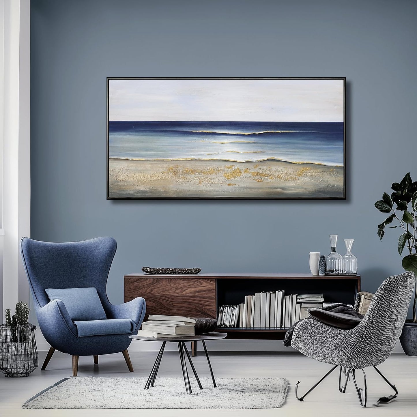 Yuaxker Ocean Wall Art Large Framed Wall Decor Blue and Gold Artwork Room Decor Aesthetic for Living Room Bedroom Dining Room Office Home Decor 30x60 Inch