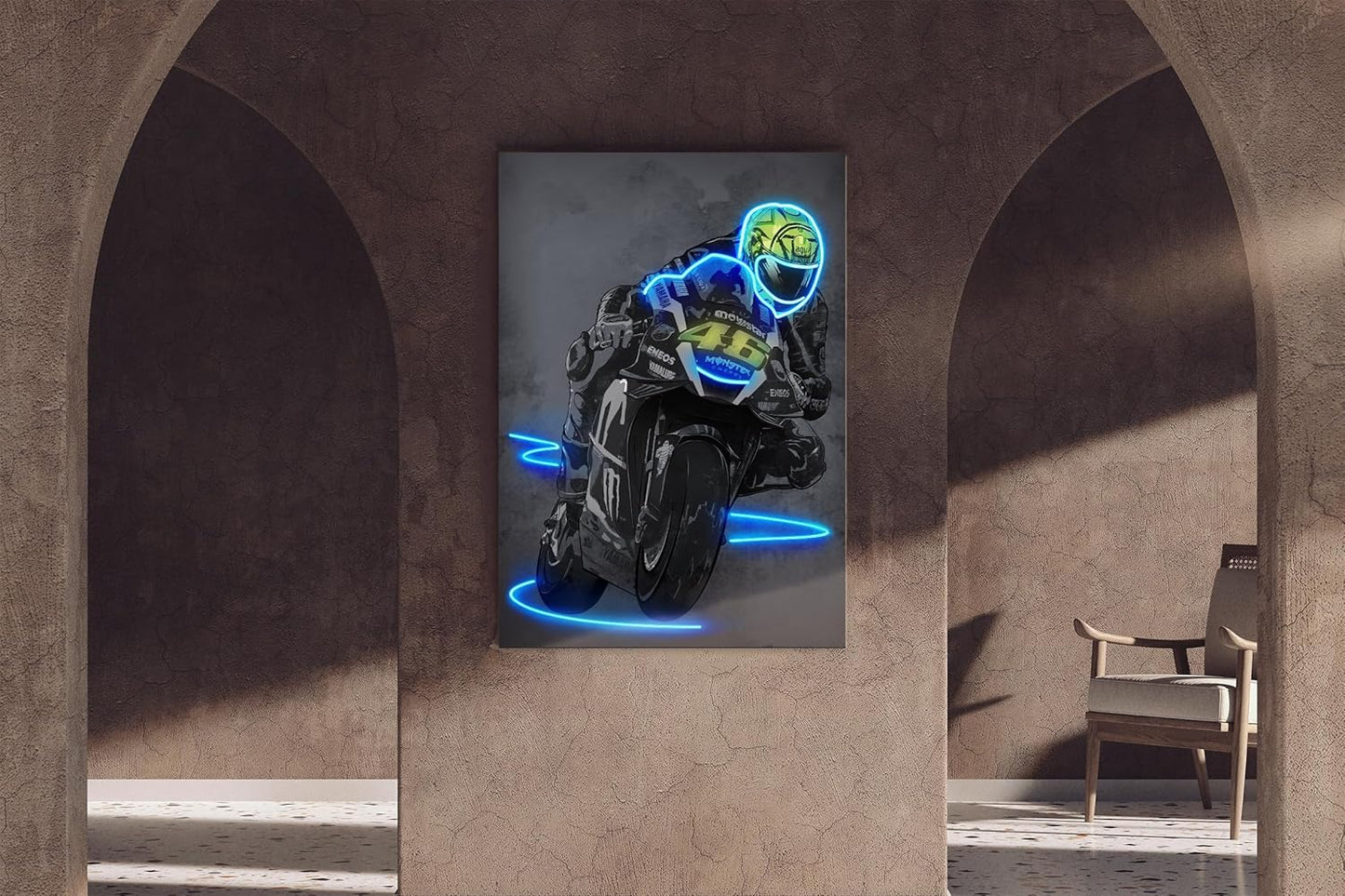 Sorventina Neon Style Blue #46 YZR-M1 Motorcycle Wall Art Posters - 16x24 Wrapped Canvas, Non-LED, Ideal Home Decor for Bedroom, Living Room, Office, Garage, or Man Cave