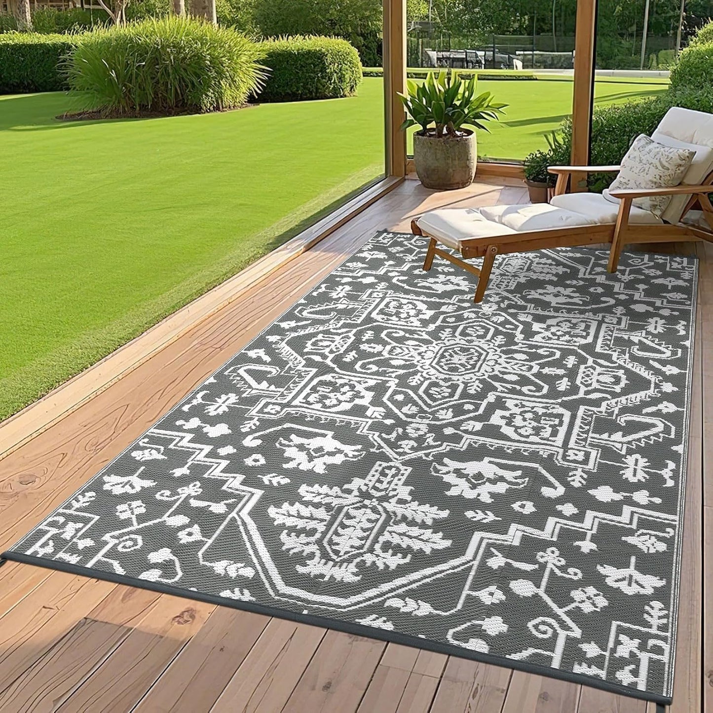 Outdoor Rug 9x12 Waterproof Reversible Plastic Straw Patio Rug, Stain-Resistant Vintage Medallion Carpet, Large Easy-Cleaning Indoor Outdoor RV Mat for Deck, Camping, Balcony, Grey White