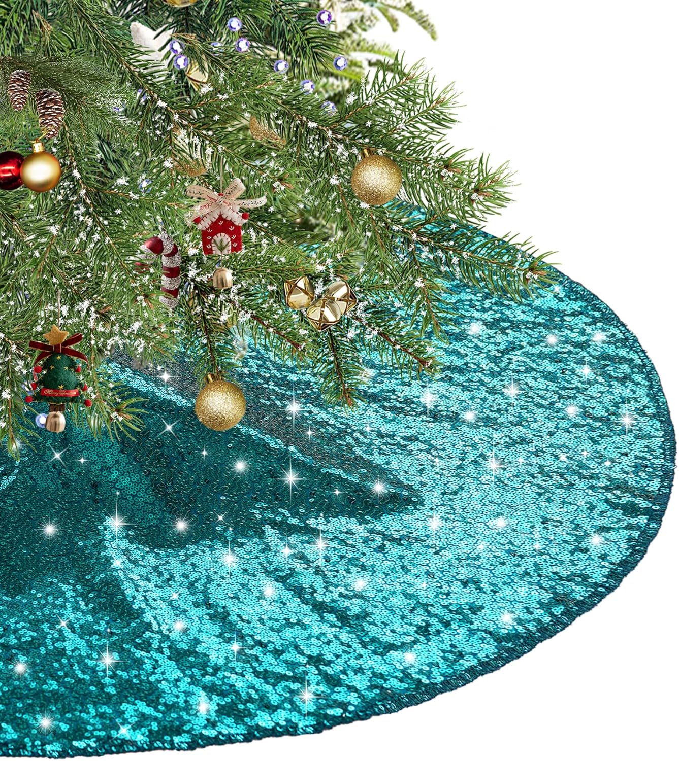 Eternal Beauty Christmas Tree Skirt, 70 Inch Teal Sequin Tree Skirt Small Xmas Tree Skirt for Christmas Tree Decorations