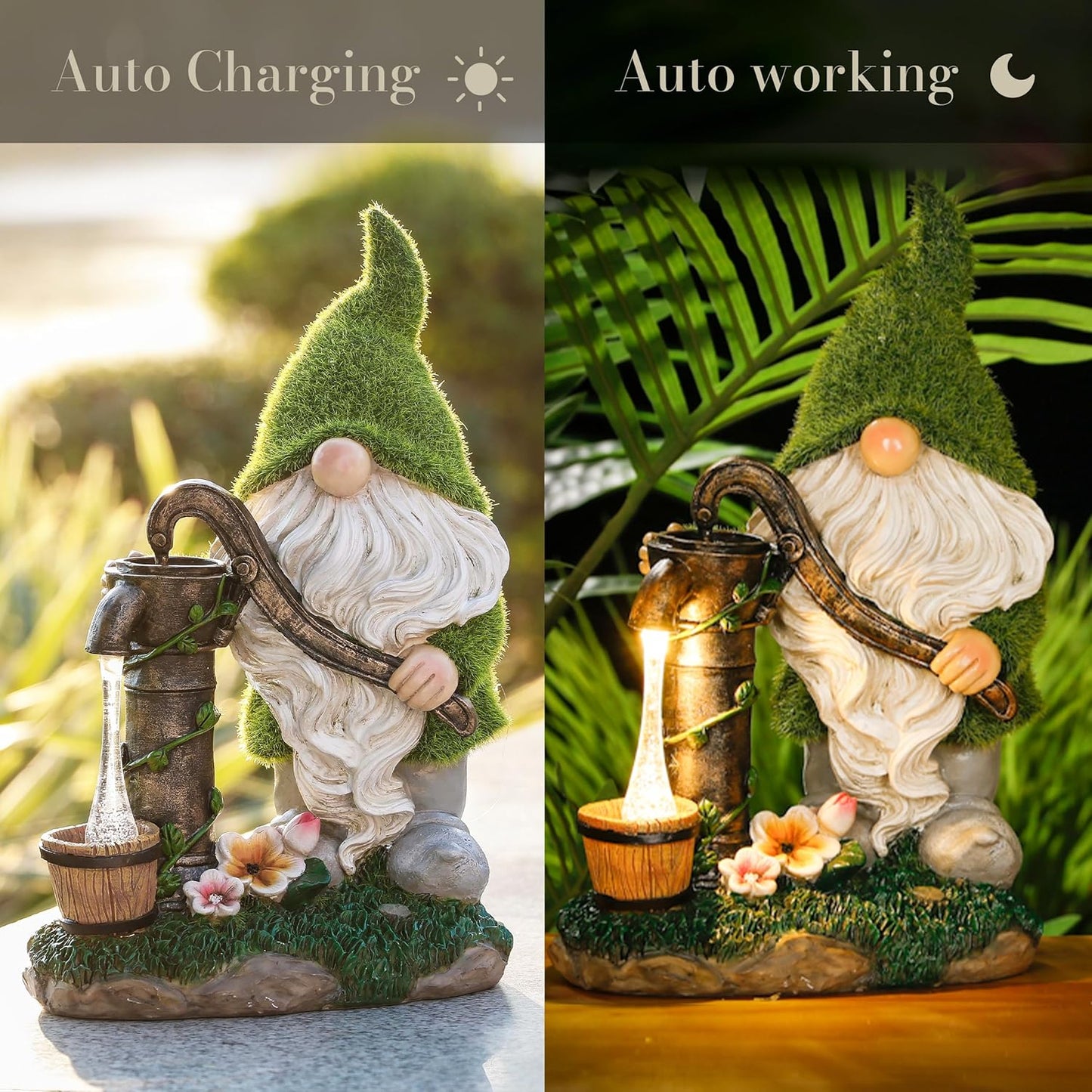 TERESA'S COLLECTIONS Resin Garden Gnomes Decor with Solar Lights, Fathers Gifts, Green Outdoor Decorations for Porch Patio, Gifts for Dad and Mom，Outdoor Garden Decor Ornaments for Outside, 10"