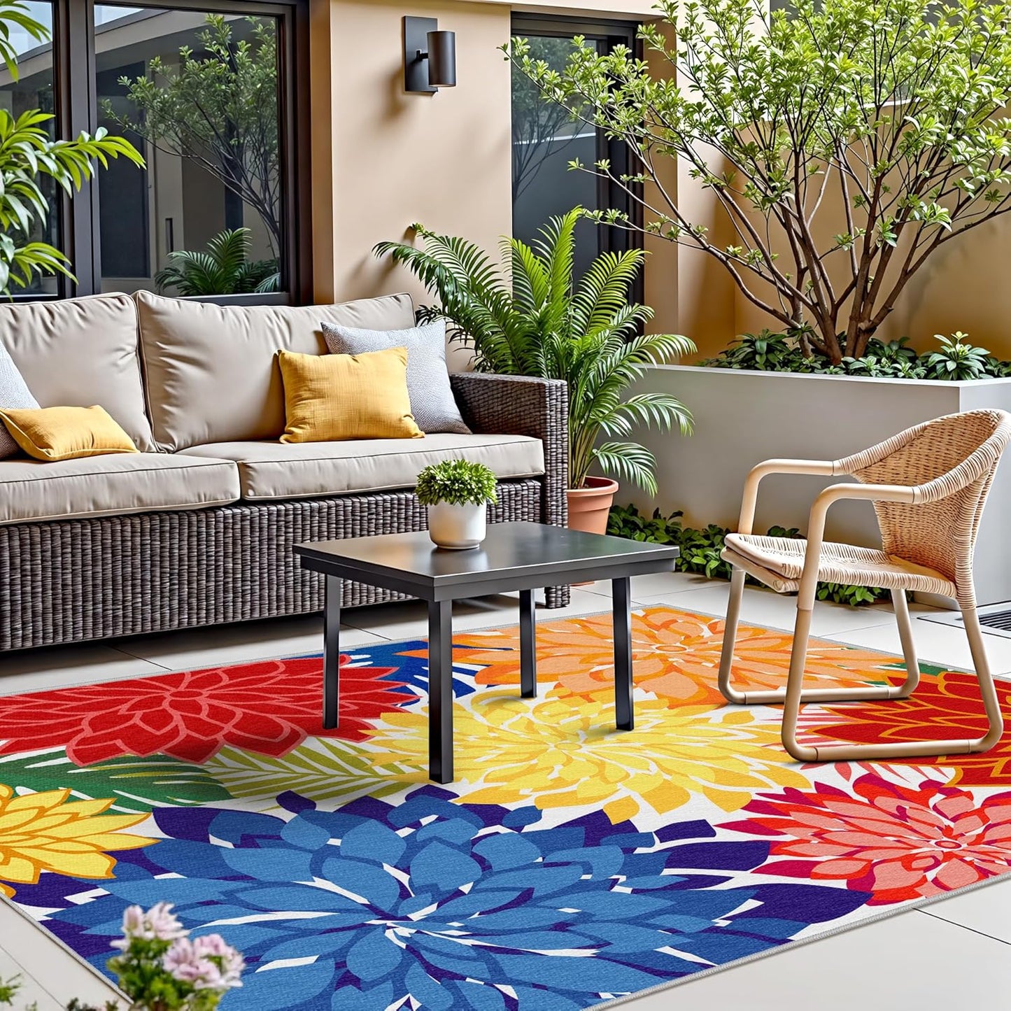 Indoor Outdoor Area Rug Washable Rugs Multicolored Patio Rug Tropical Botanical Modern Floral Indoor Outdoor Carpet Non Slip for RV, Pool Deck, Backyard, Porch (4x6)