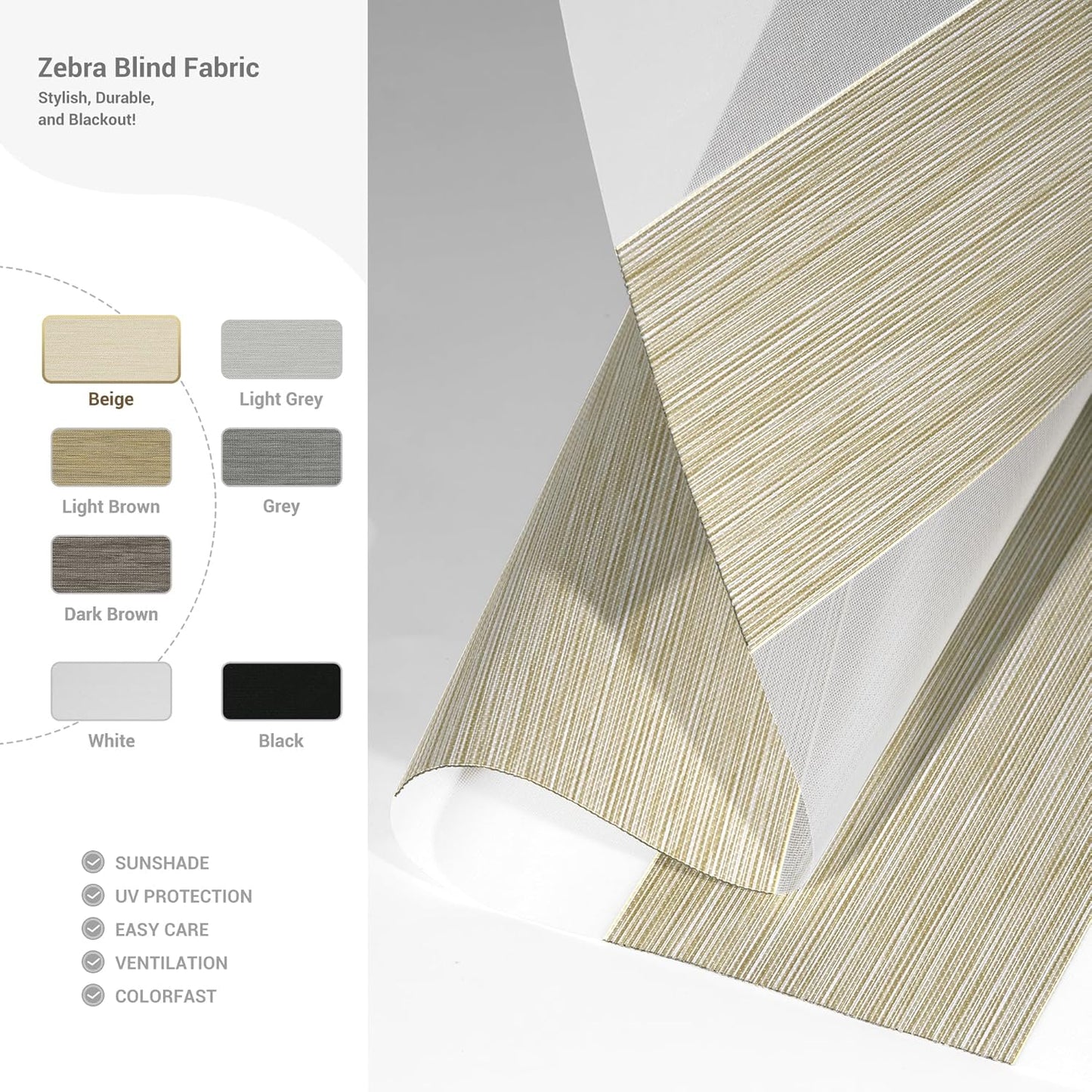 Cordless Zebra Blinds for Windows, Blackout Interior Blinds,Easy to Install,UV Protection,for Offices and Home,Custom Roller Shades, Mousse Beige,30" W x 80" H