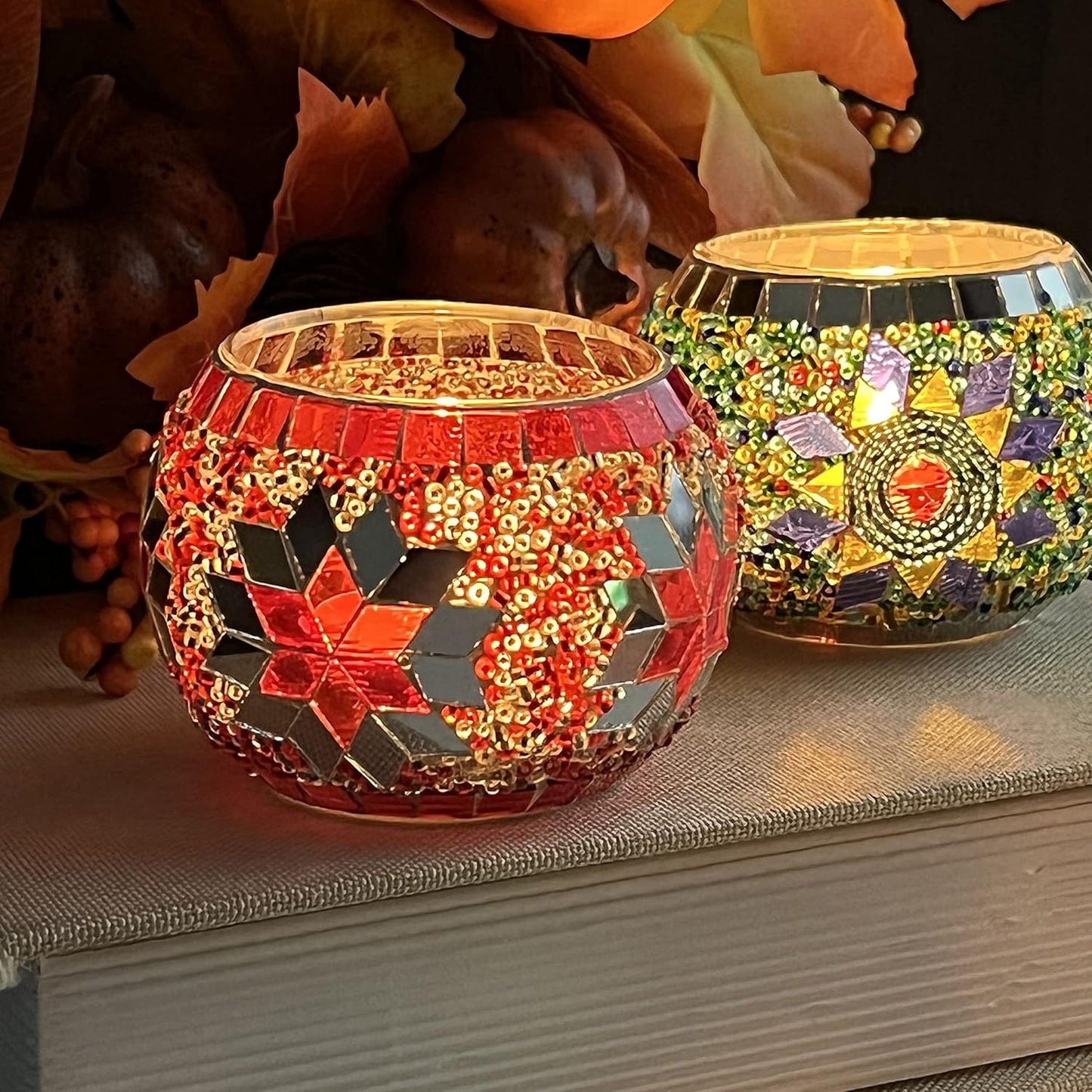 SHMILMH Glass Candle Holder Set of 4, Diwali Gift Votive Candle Holders Handmade Mosaic Glass Tealight Holders Diwali Christmas Table Decorations for Home