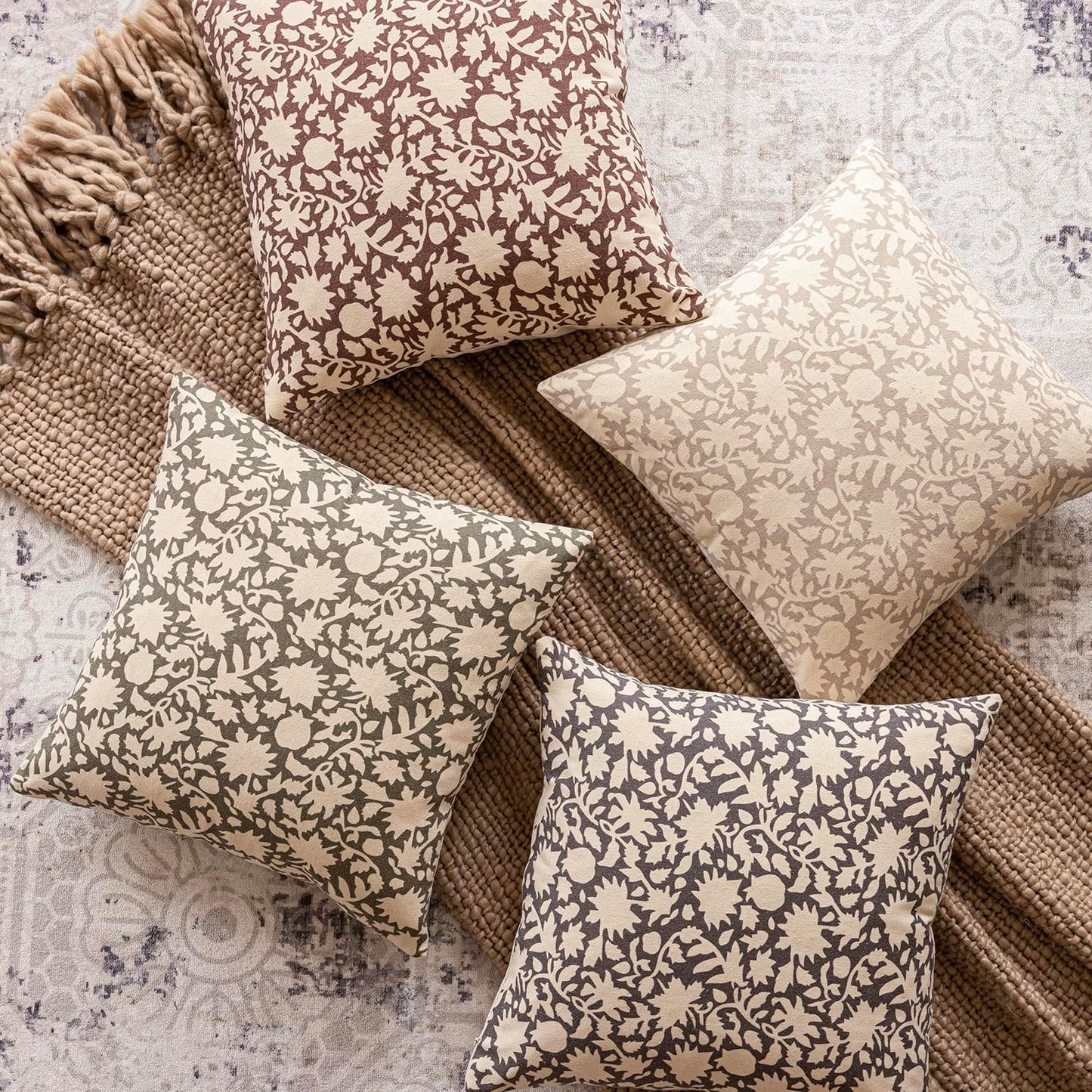 Foindtower Set of 2 Decorative Neutral Floral Throw Pillow Covers Accent Farmhouse Cushion Covers Boho Vintage Pillowcase for Couch Sofa Bedroom Living Room Home Decor Outdoor,22×22 Inch,Wine Red