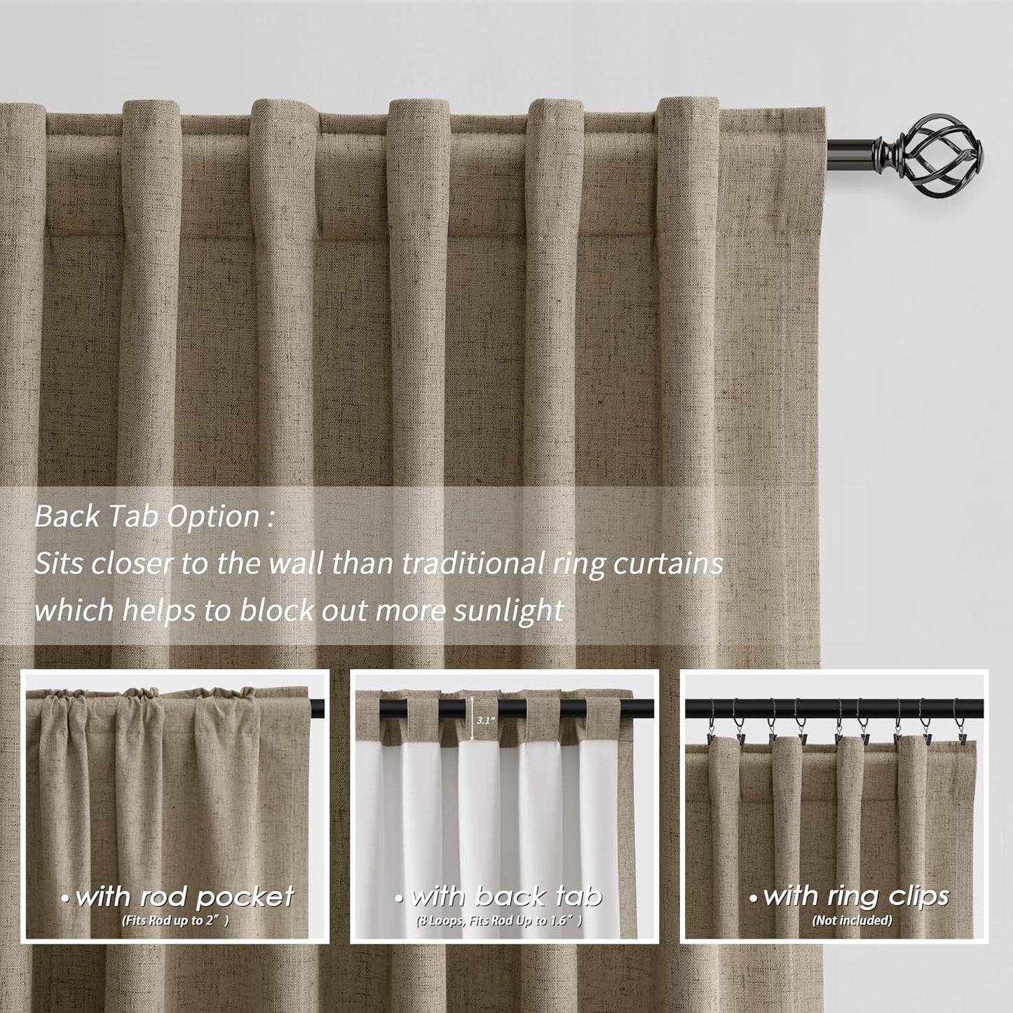 BOODII Room Darkening Curtains Matcha Brown Black Out Curtains 96 Inches Long 2 Panel Set Back Tab Neutral Linen Curtain for Sliding Door Modern Farmhouse Living Room Blackout Drapes Soundproof 52x96