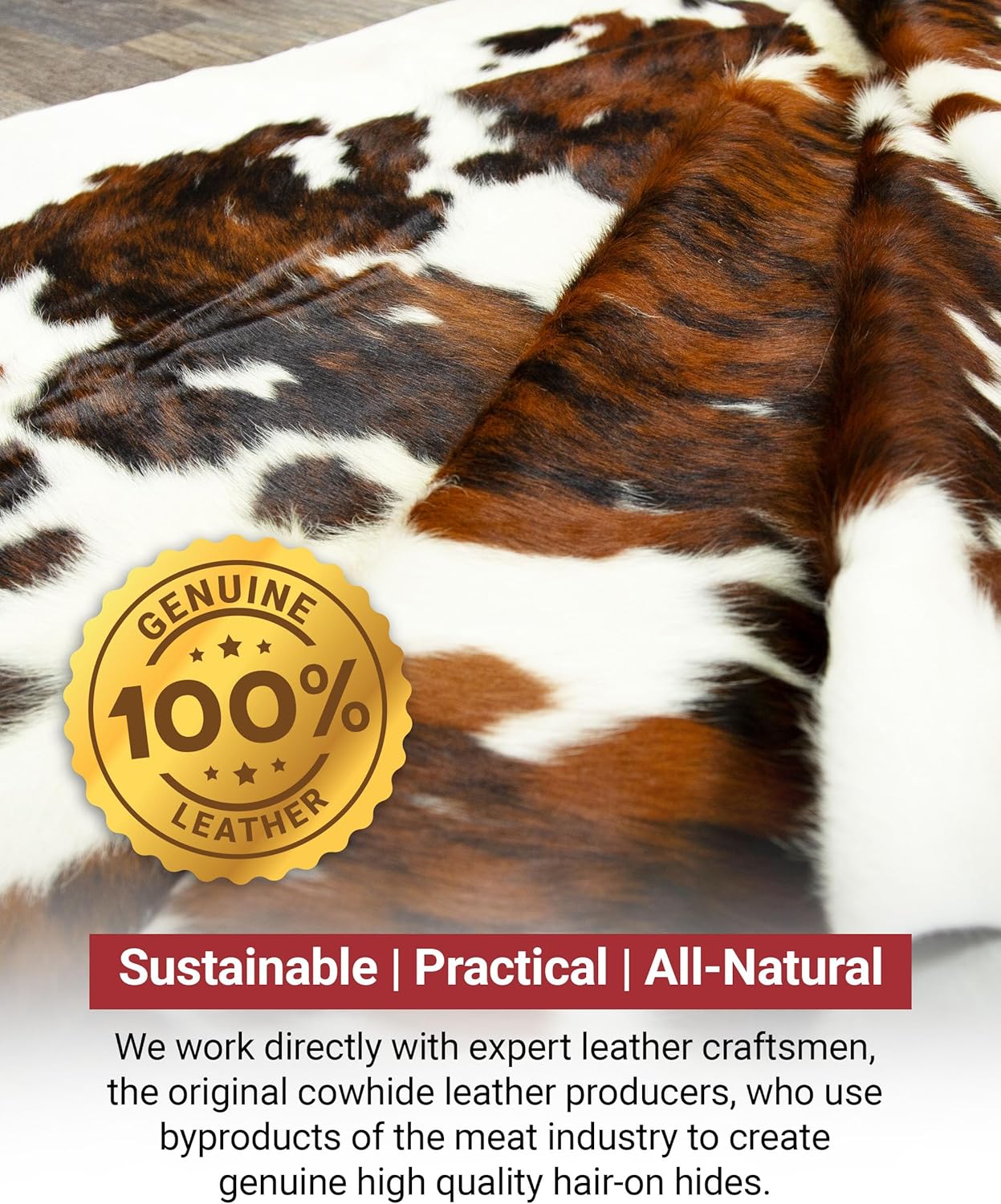 Tricolor Cowhide Rug Classic Brown, Black and White Color Mix, Natural Leather Hide, Area Rug (6x7ft)