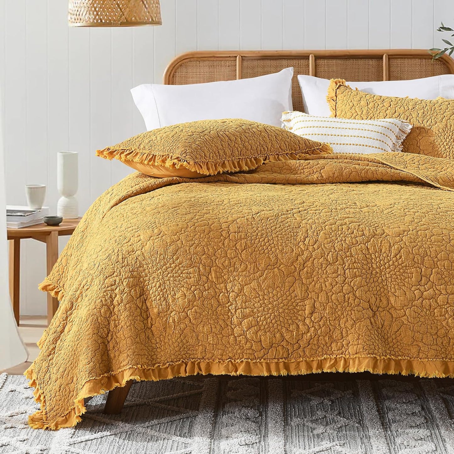 HORIMOTE HOME Yellow Ruffled Quilt Twin Size, Stone-Washed Microfiber Lightweight Crinkled Farmhouse Rustic Shabby Chic Bedding Set, 2 Pieces Reversible Bedspread with Pillow Sham for All Season