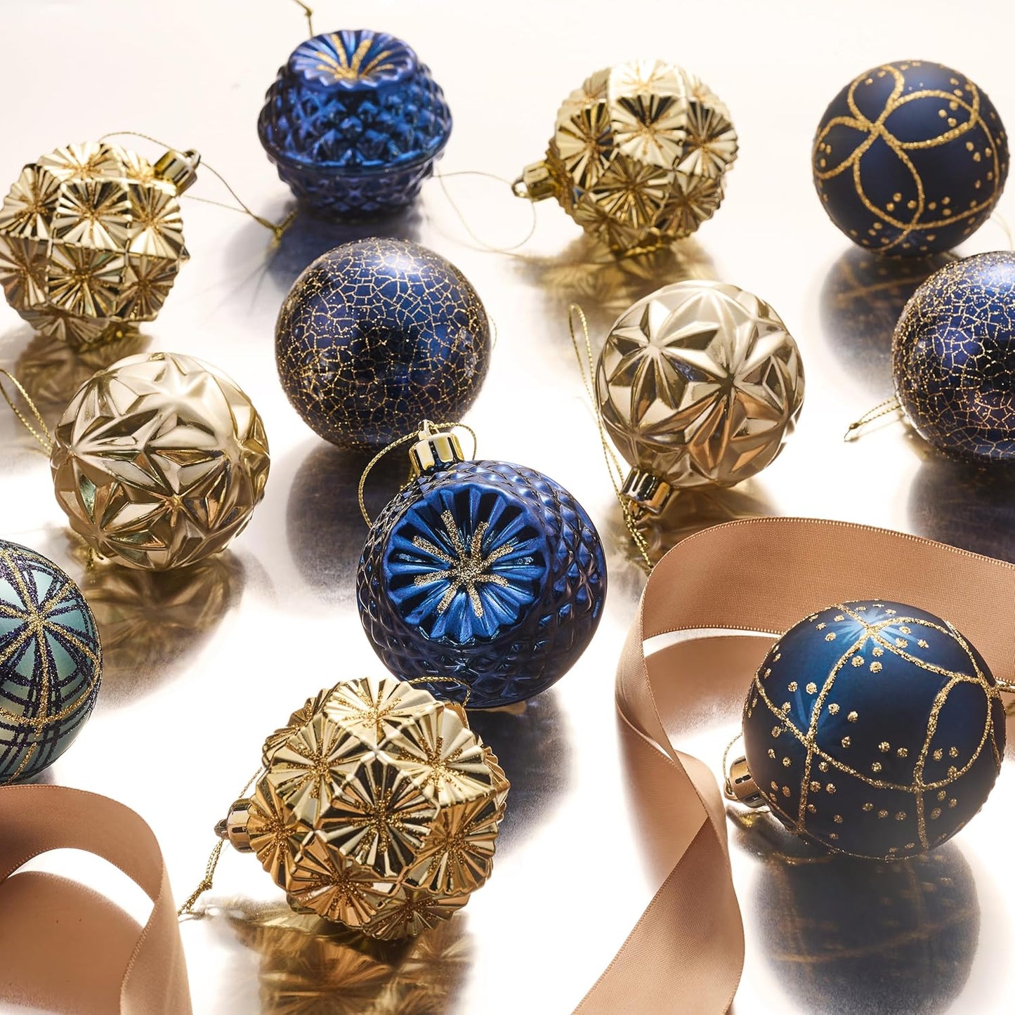 Valery Madelyn Ornaments for Christmas Trees, 16ct 2.36 Inches Blue and Gold Shatterproof Christmas Tree Decorations, Luxury Hanging Ball Ornaments for Xmas Holiday Party Decor