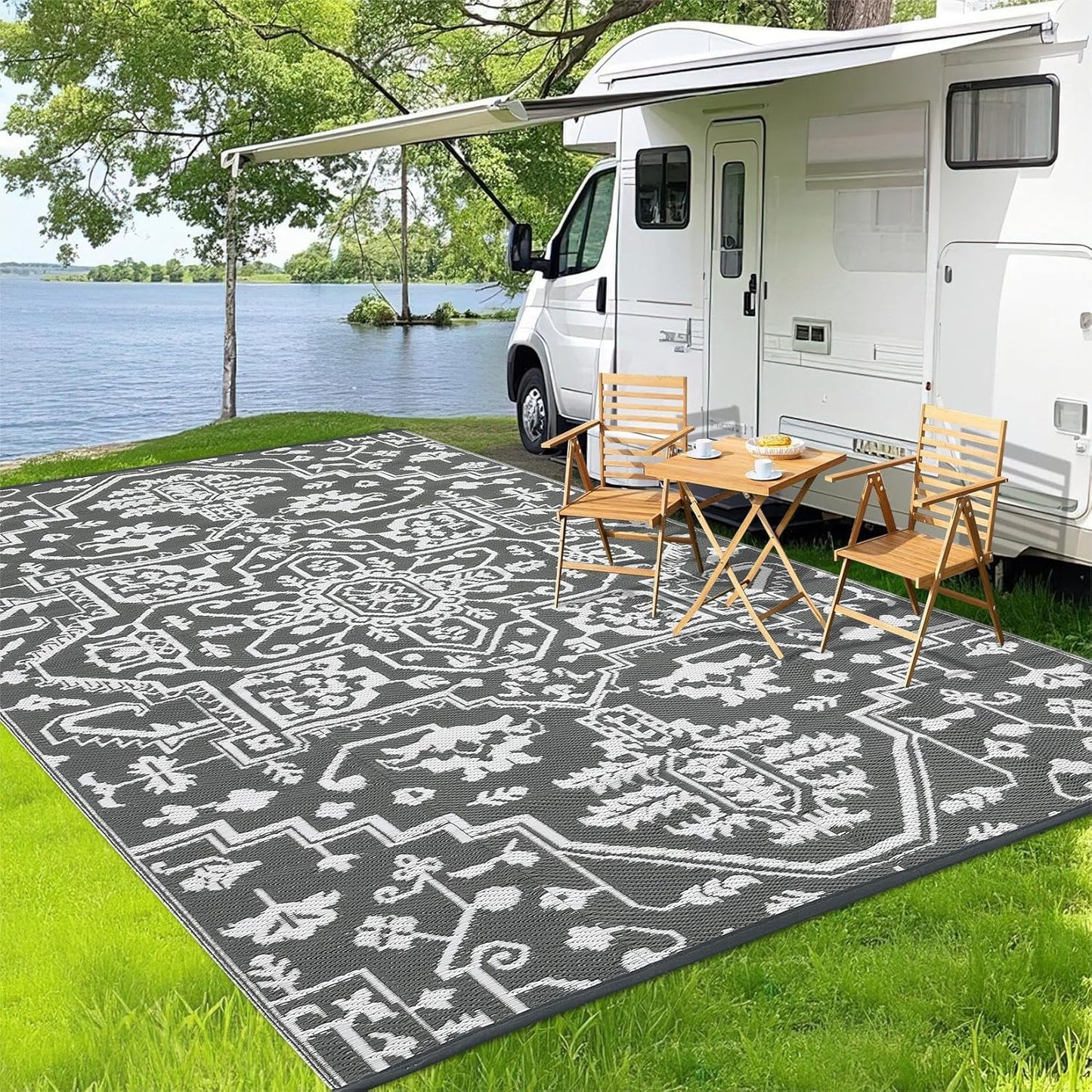 Outdoor Rug 8x10 Waterproof Reversible Plastic Straw Mat, UV-Resistant Vintage Medallion Camping Carpet for Patio, Deck, Balcony, Picnic, Large Outside Floor Mat, Grey White