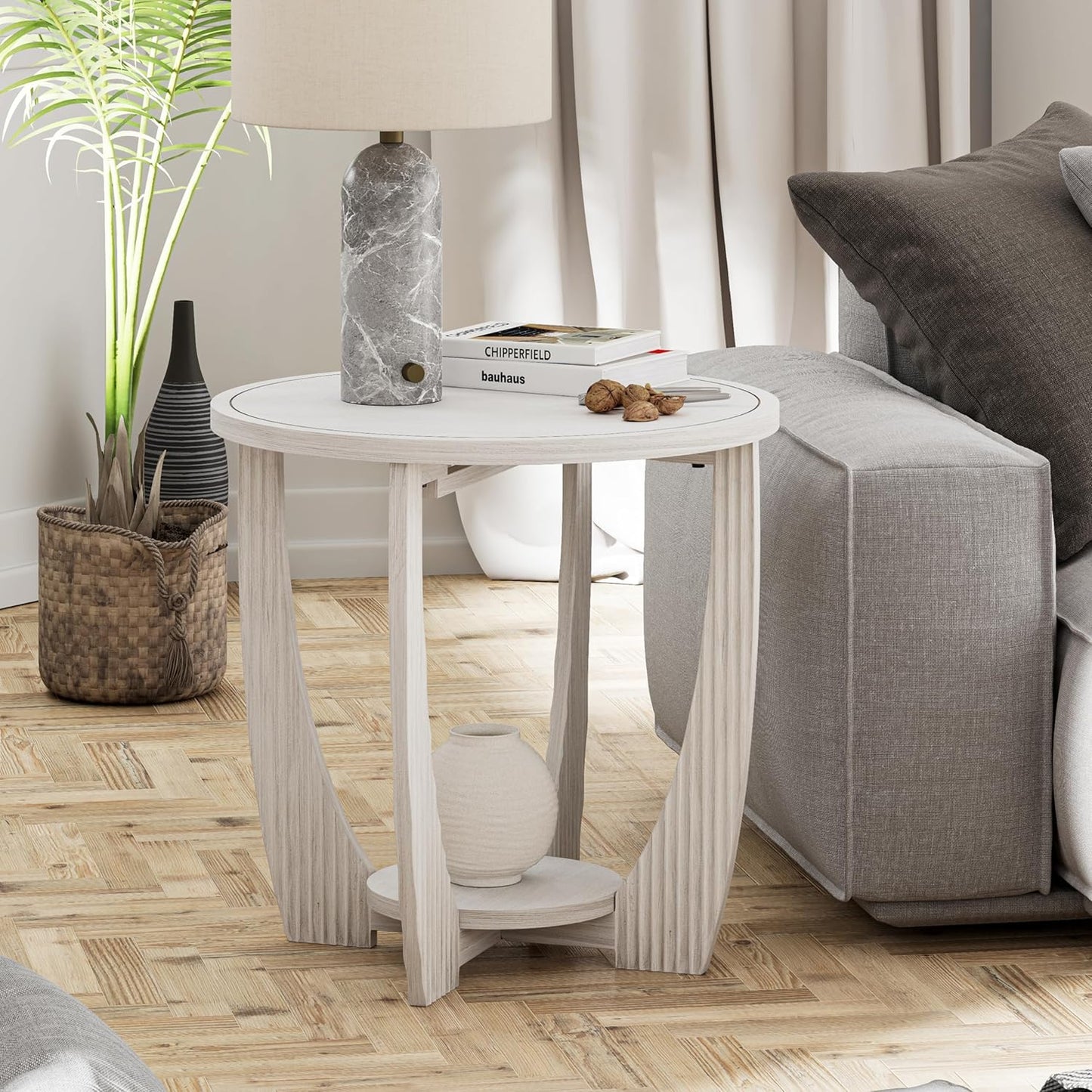 Rustic Farmhouse end Table with Storage Shelf, French Country Accent Side Table for Family, Dinning or Living Room, Small Spaces, Modern, Round, White