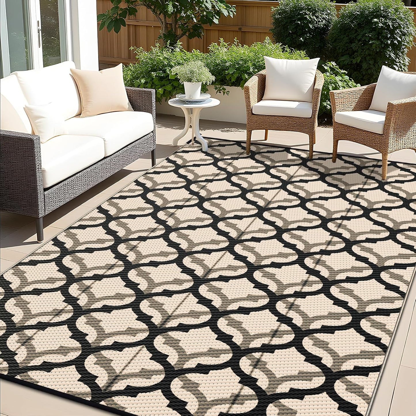 OLANLY Reversible Outdoor Rug 6x9 ft Clearance, Waterproof Outdoor Plastic Straw Rug with Interlacing Pattern, RV Mat for Patio, Camping, Balcony, Deck, Backyard, Black & Beige