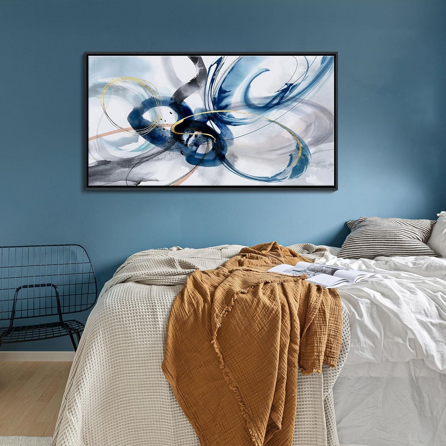 KLAKLA Modern Abstract Canvas Wall Art - Frame Wall Decor Living Room Picture Artwork for Office Bedroom Blue and White Decorative Paintings