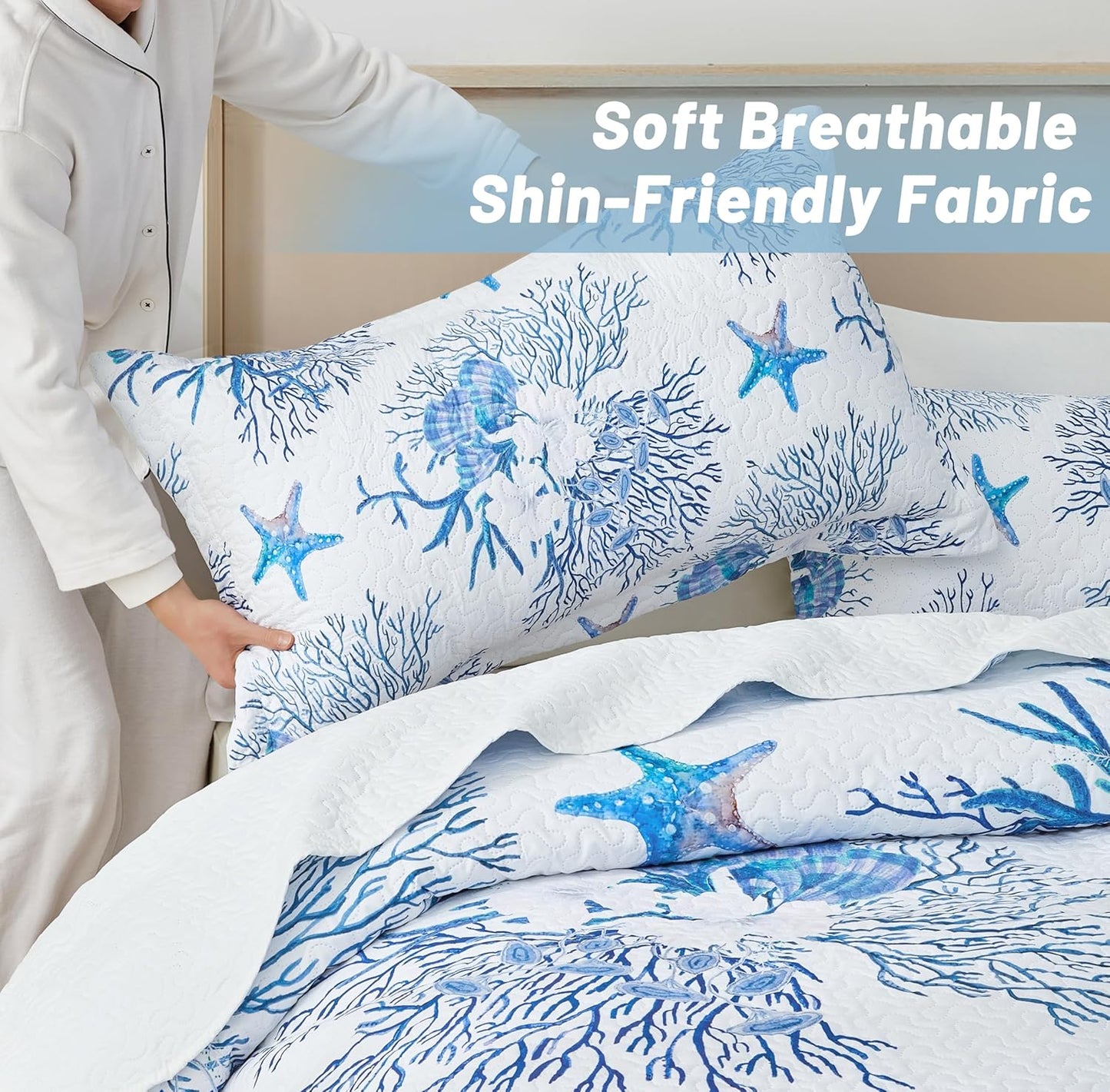 Coastal Bedding Queen Size Coastal Quilt with 2 Shams, Nautical Beach Comforter Sets Ocean Bedspreads Blue Starfish Coverlet Summer Bedding, 90''x96''