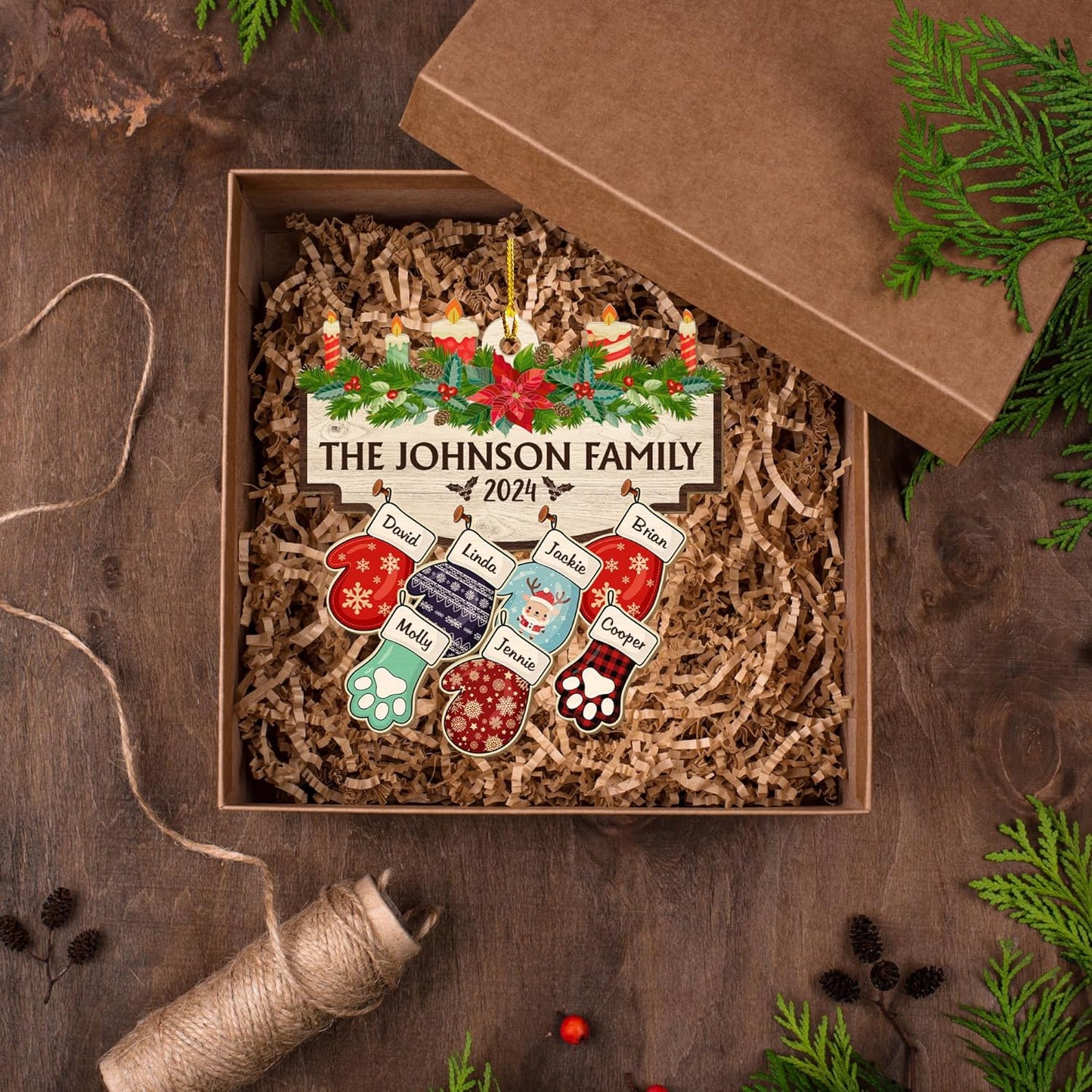 Family with Pet Ver 2 - Personalized Custom Wood Ornament, Family Gloves Christmas Ornament 2024, Xmas Ornament Gifts for Family Tree Decoration (A06, 5 Names)