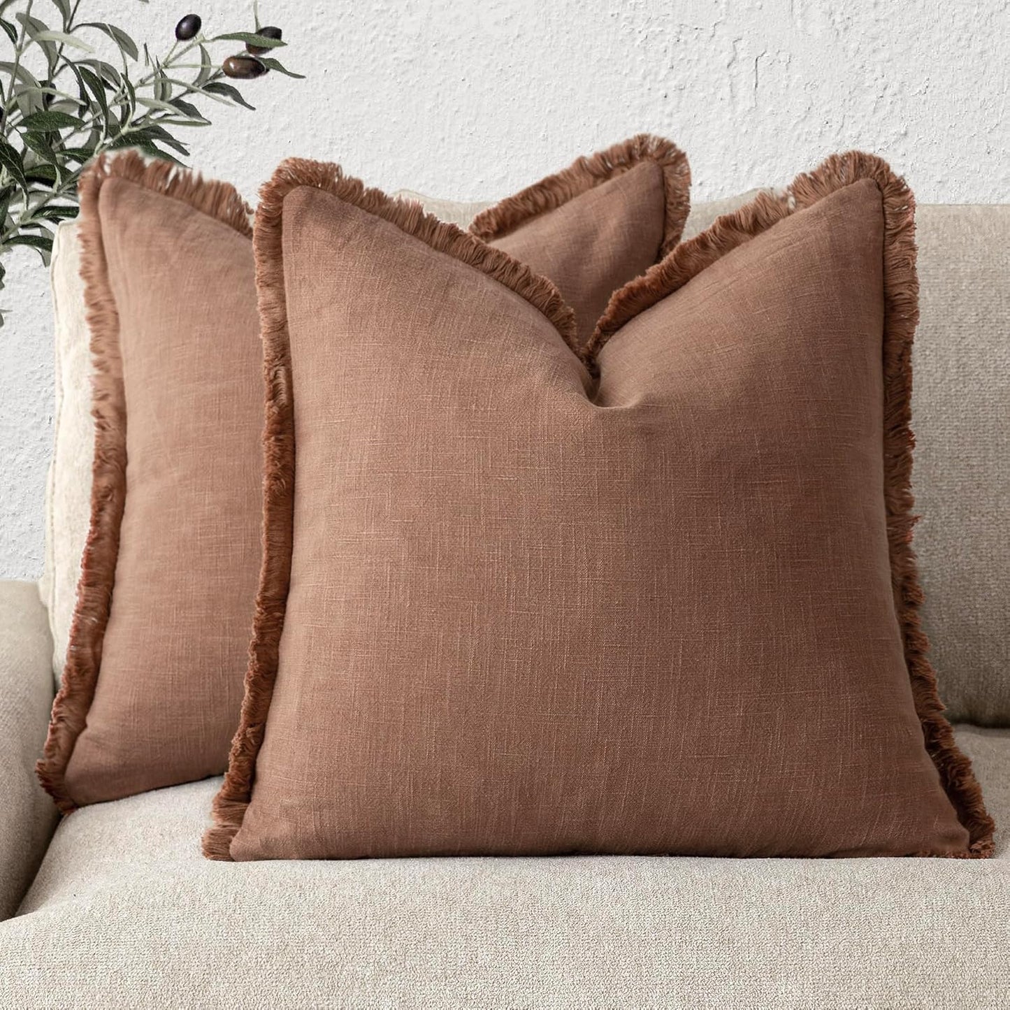 Foindtower Set of 2 Decorative Linen Fringe Throw Pillow Covers Cozy Boho Farmhouse Cushion Cover with Tassels Soft Accent Pillowcase for Couch Sofa Bed Living Room Home Decor, 22×22 Inch, Rust