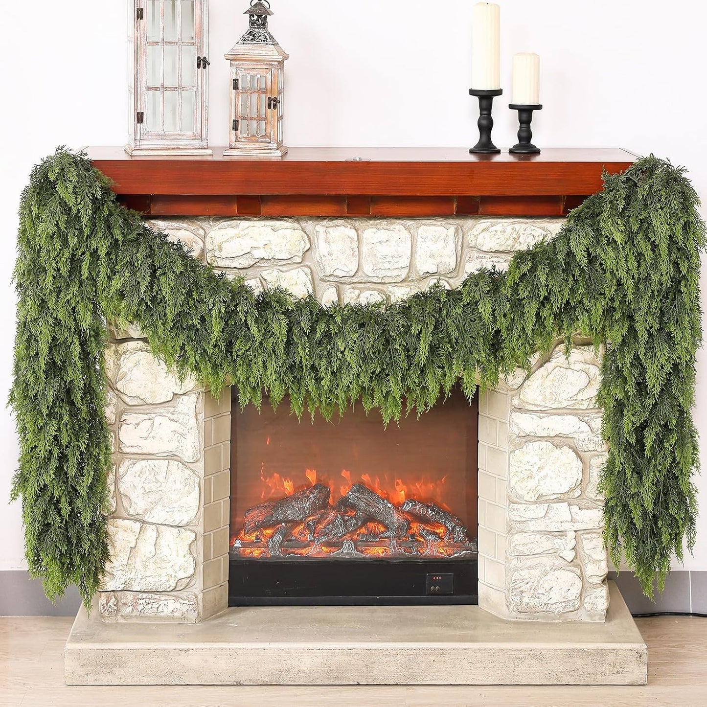 Real Touch Cedar Garland - Artificial Christmas Garlands Faux Green Cedar Fake Pine Needles Garland for Fireplace,Table, Stairs, Mantle, Window,Indoor Outdoor,Home,Holiday Decor(1 PCS,9 FT)