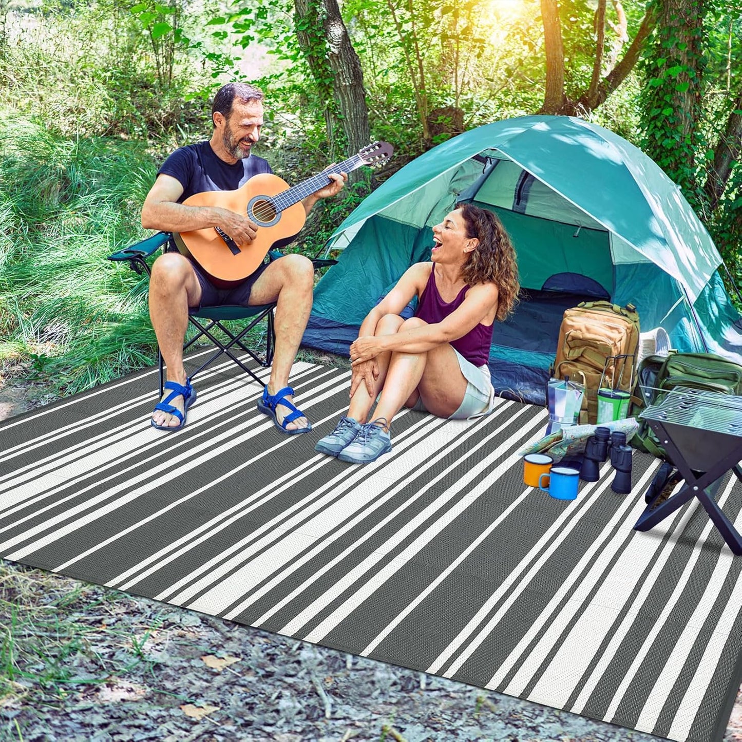 Waterproof Outdoor Rug 8x10 Contemporary Reversible Plastic Straw Rug, Easy Cleaning Striped Patio Carpet, UV-Resistant Indoor Outdoor Floor Cover for RV, Porch, Deck, Backyard, Grey