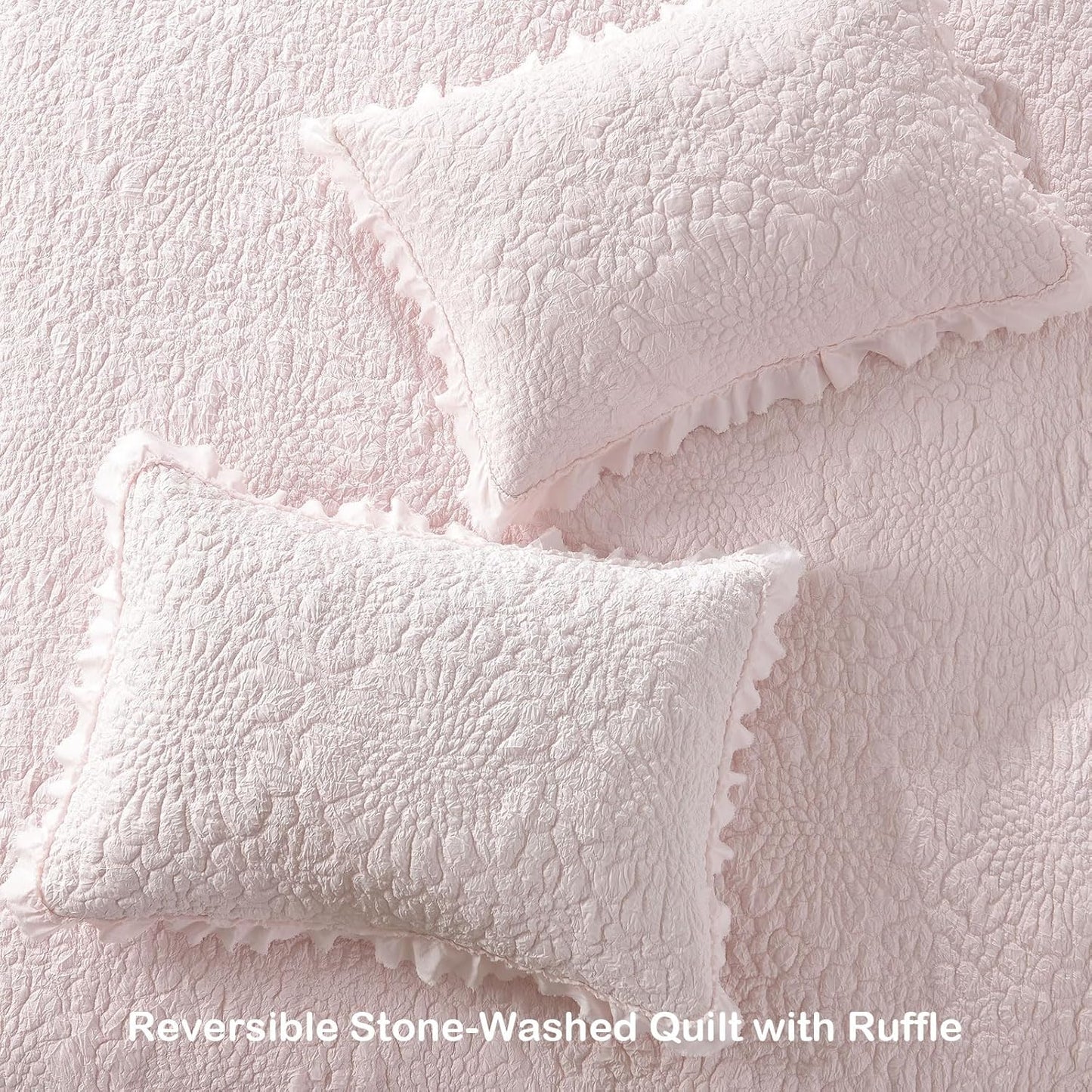 HORIMOTE HOME Pink Ruffled Quilt King Size, Stone-Washed Microfiber Lightweight Crinkled Farmhouse Rustic Shabby Chic Bedding Set, 3 Pieces Reversible Bedspread with Pillow Shams for All Season