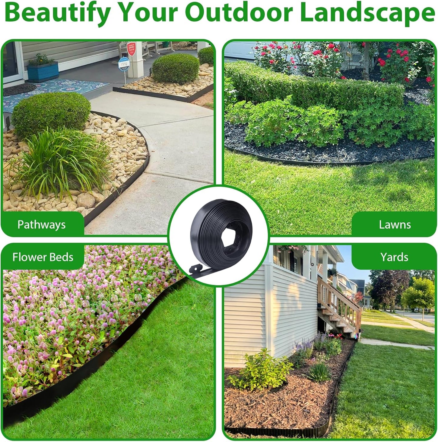 Landscape Edging Border 33 FT 2 Inch Tall with 60 Spikes, Plastic Edging for Landscaping, Garden Edging Border， Flower Bed, Paver and Lawn Edging Border, Black