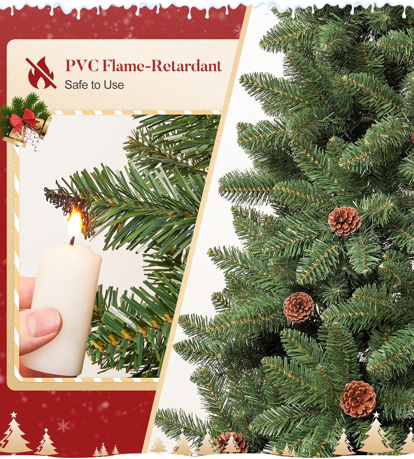 Decoway 7FT Artificial Christmas Tree: Unlit Green Xmas Pine with Pinecones and Metal Stand for Indoor - Holiday Decoration for Porch Living Room Easy Assembly