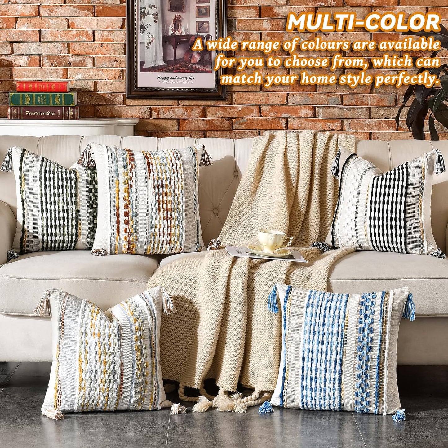 AmHoo Chenille Striped Textured Boho Throw Pillow Covers Aesthetic with Tassels Woven Decorative Pillow Case for Couch Bed Sofa Bedroom Modern Funky 18 x 18-Inch Sky Blue