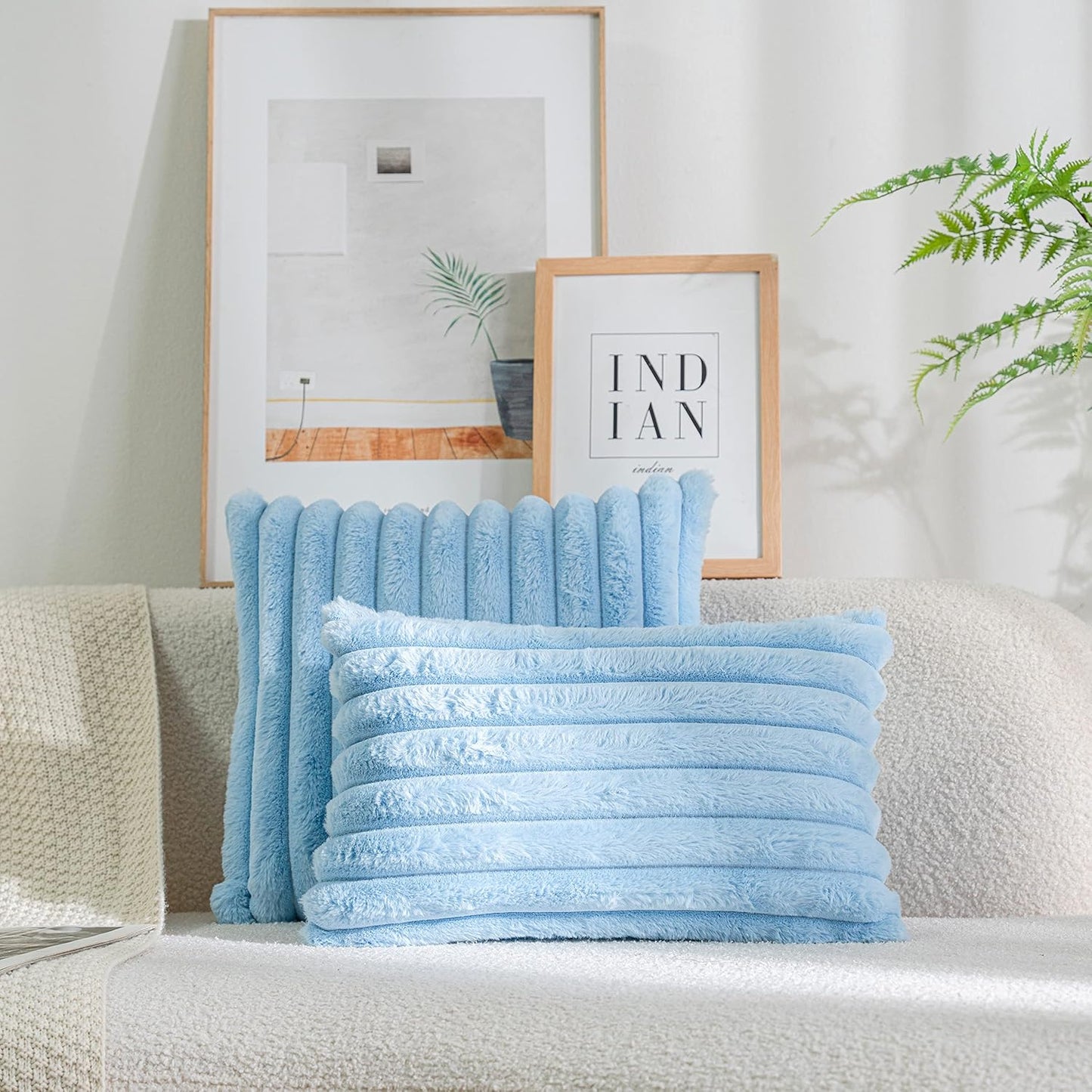 DEELAND Pack of 2,Double-Sided Faux Fur Plush Decorative Throw Pillow Covers Fuzzy Striped Soft Pillowcase Cushion Covers for Sofa Couch Bedroom Lightblue 20x20 inch