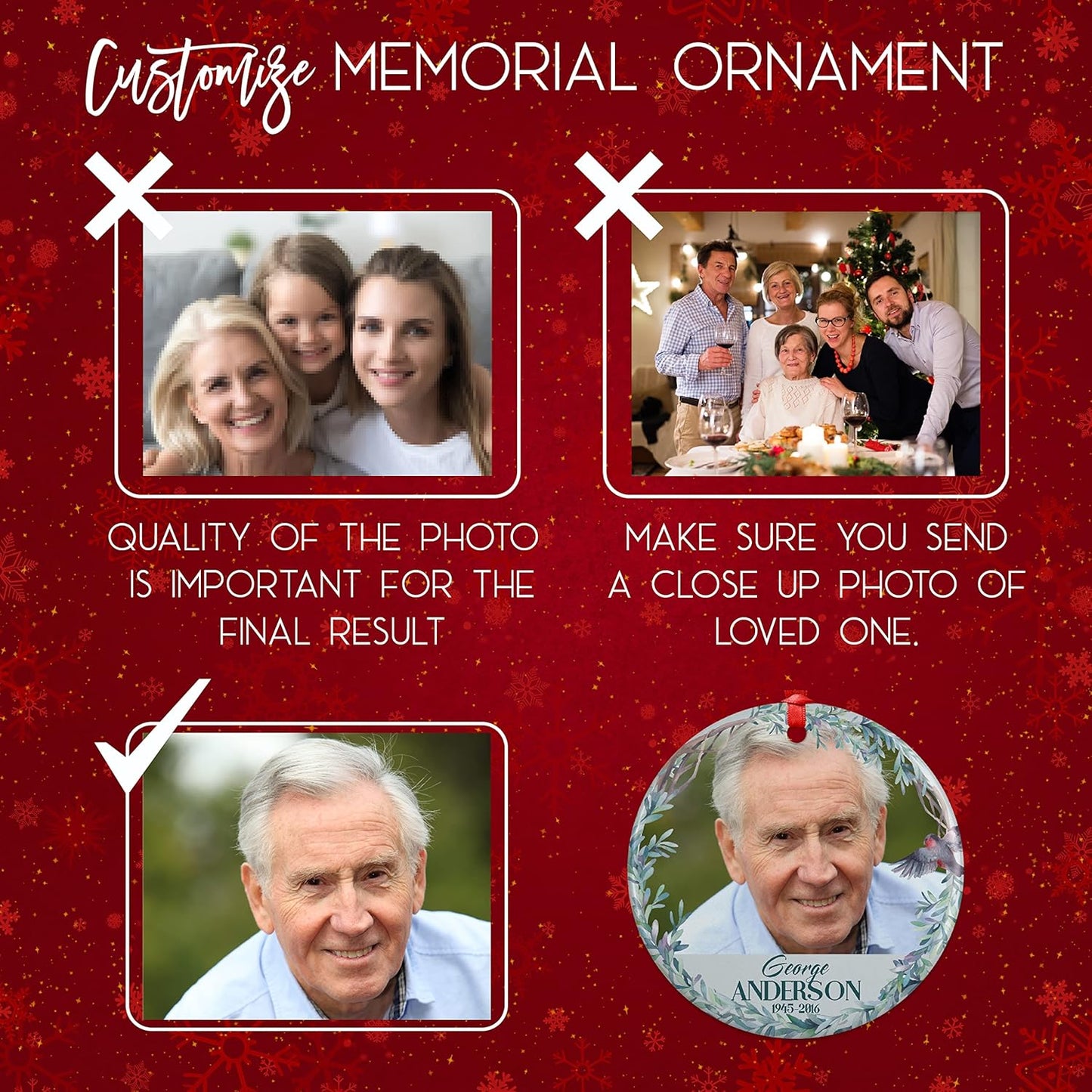 Cardinal Birds 2, Memorial Christmas Ornament Personalized with Photo, Name & Date - Upload Photo & Picture - 7 Designs, Memorial Ornaments Loss of Loved Ones – D6