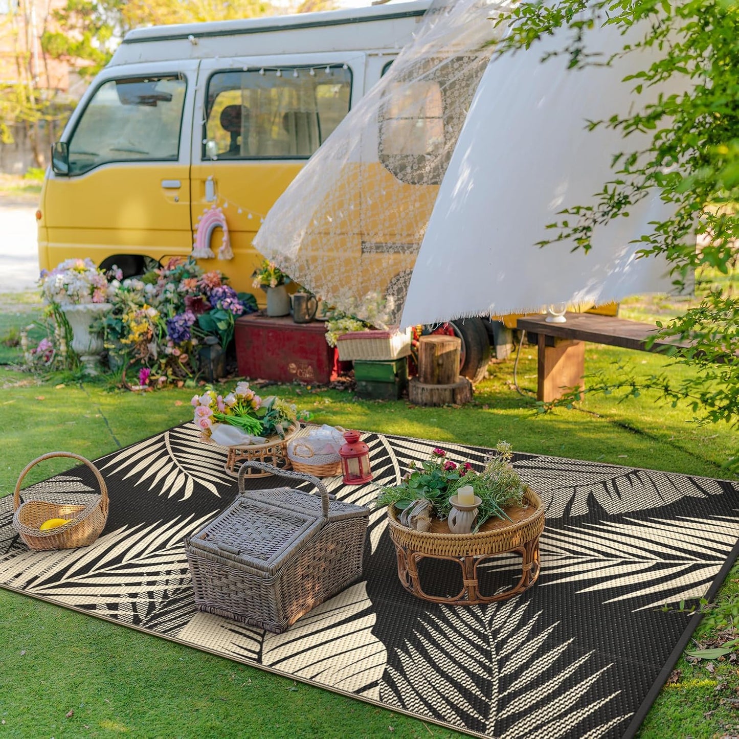 GENIMO Outdoor Rug 8' x 10' Waterproof for Patios Clearance, Reversible Outdoor Plastic Straw Camping Rug Carpet, Large Area Rugs Mats for RV, Camper, Deck, Balcony, Porch, Beach, Picnic, Black&Beige