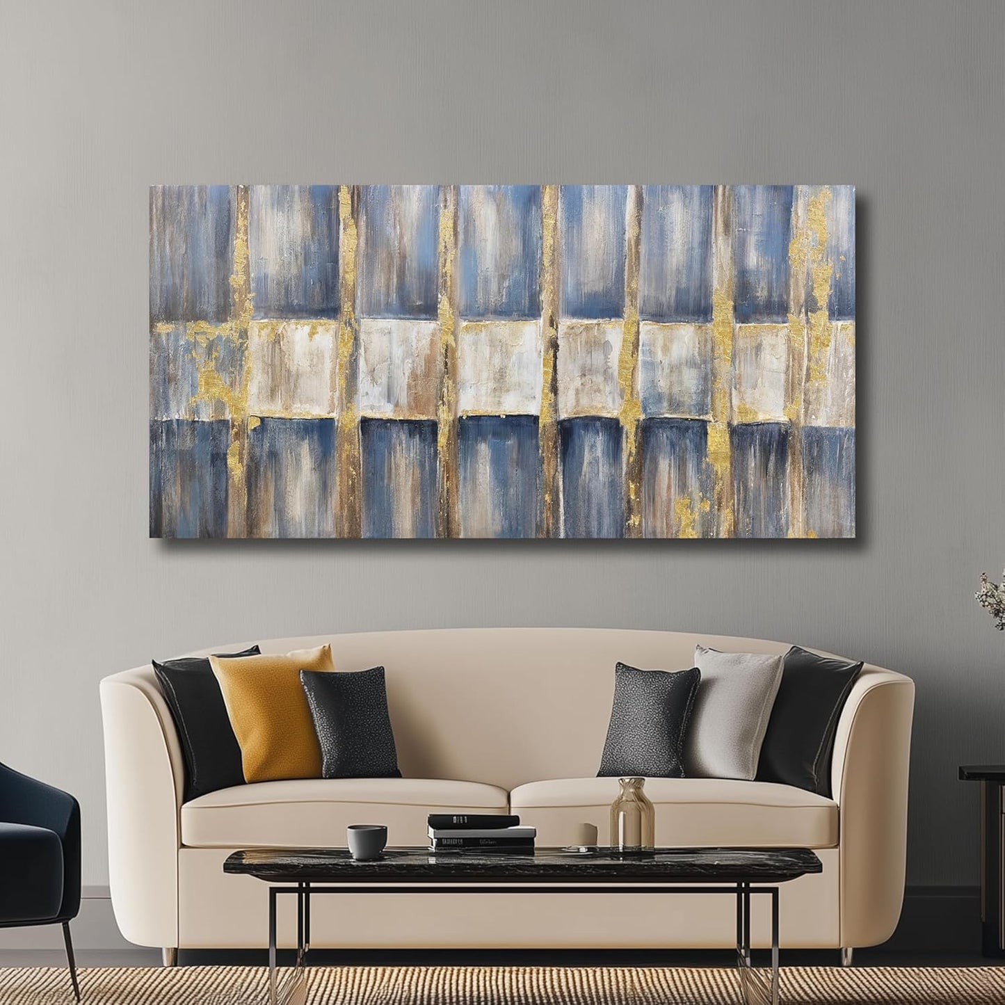Belmrxne Abstract Wall Art Blue and Gold Wall Decor Dark Room Decor Aesthetic Canvas Painting Artwork for Living Room Bedroom Dining Room Office Home Decor 24x48inch