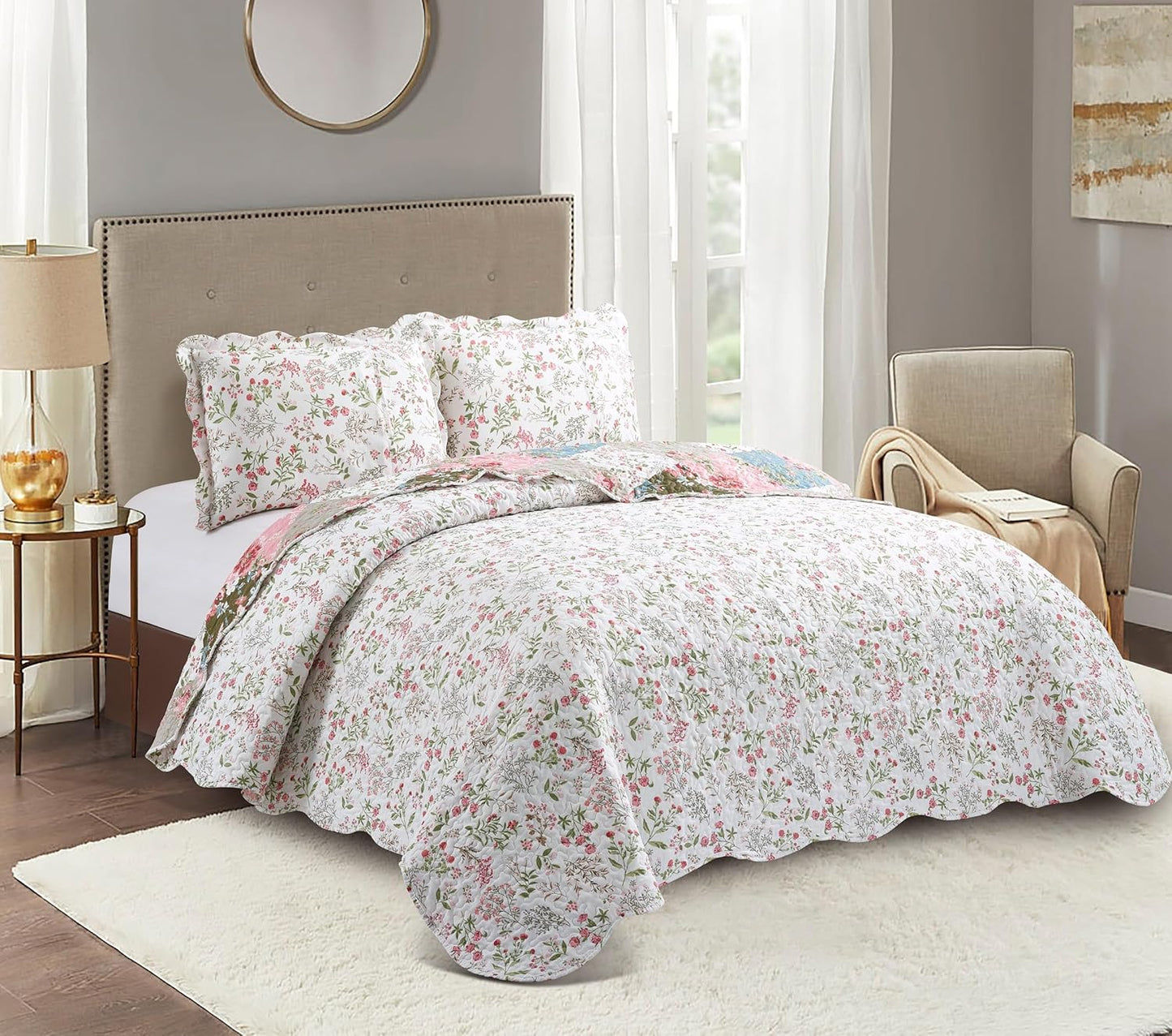 Brilliant Sunshine Peach and Olive Flowers Patchwork, 3-Piece Quilt Set with 2 Shams, Reversible Bedspread, Soft Lightweight Coverlet, All-Season, Full/Queen, Peach Olive