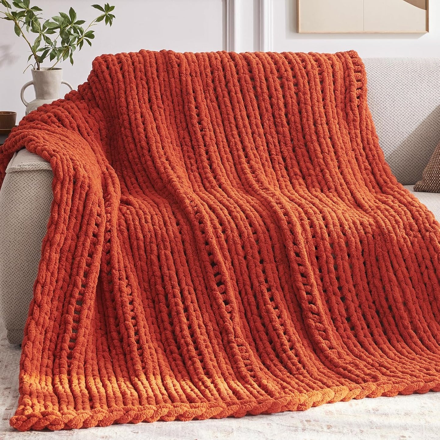 Chunky Knit Throw Blanket, 50''*60'' Fall Throw Blanket Knitted Chenille Yarn for Bed Couch, Handmade Orange Crochet Big Thick Blanket, Machine Washable Cute Comfy Blankets for Home Decor