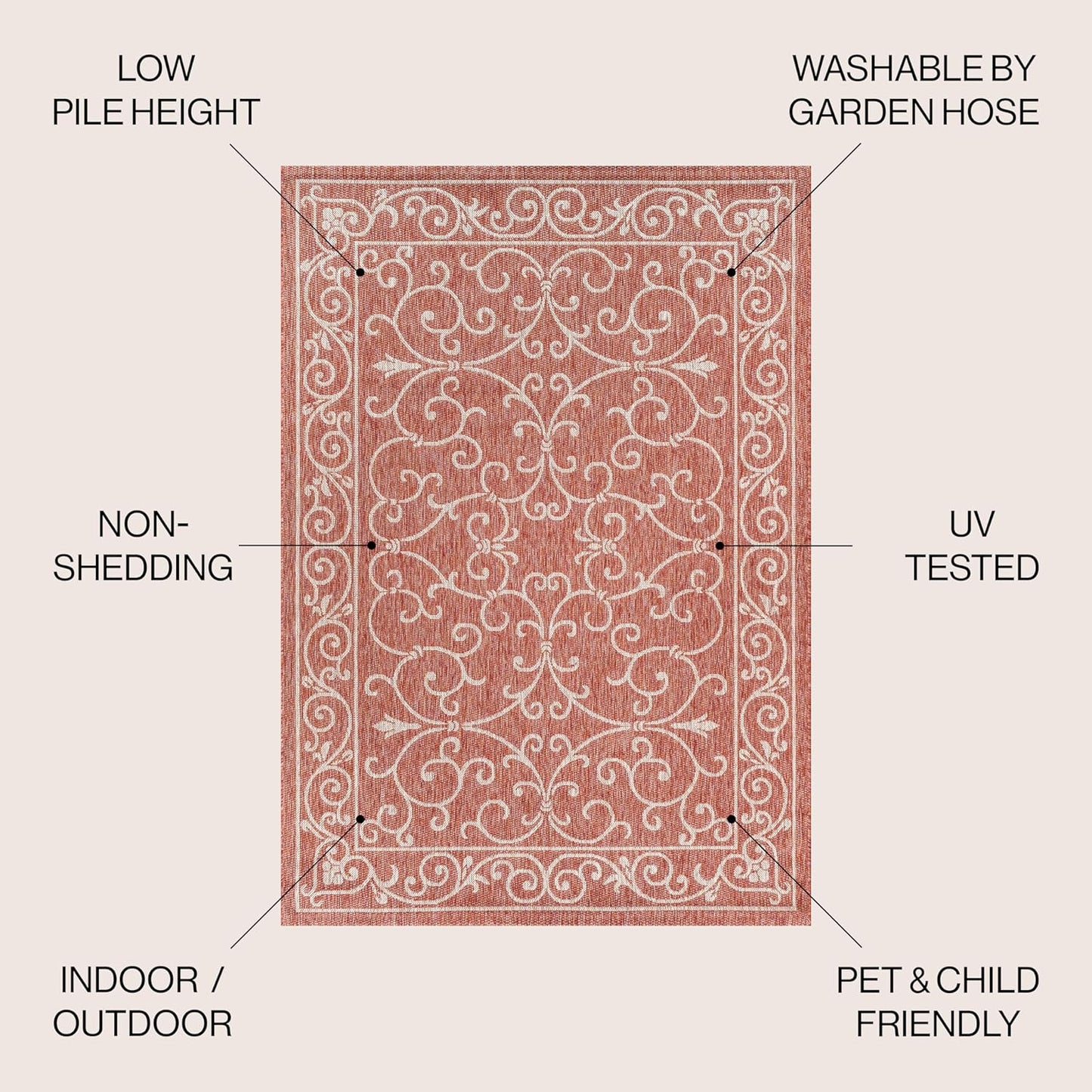 JONATHAN Y Vintage Filigree Indoor Outdoor Area Rug 9X12 Red/Beige, Charleston Textured Weave for Backyard, Patio, Porch, Easy-Cleaning, High Traffic, Pet-Friendly, Non-Shedding (SMB106B-9)