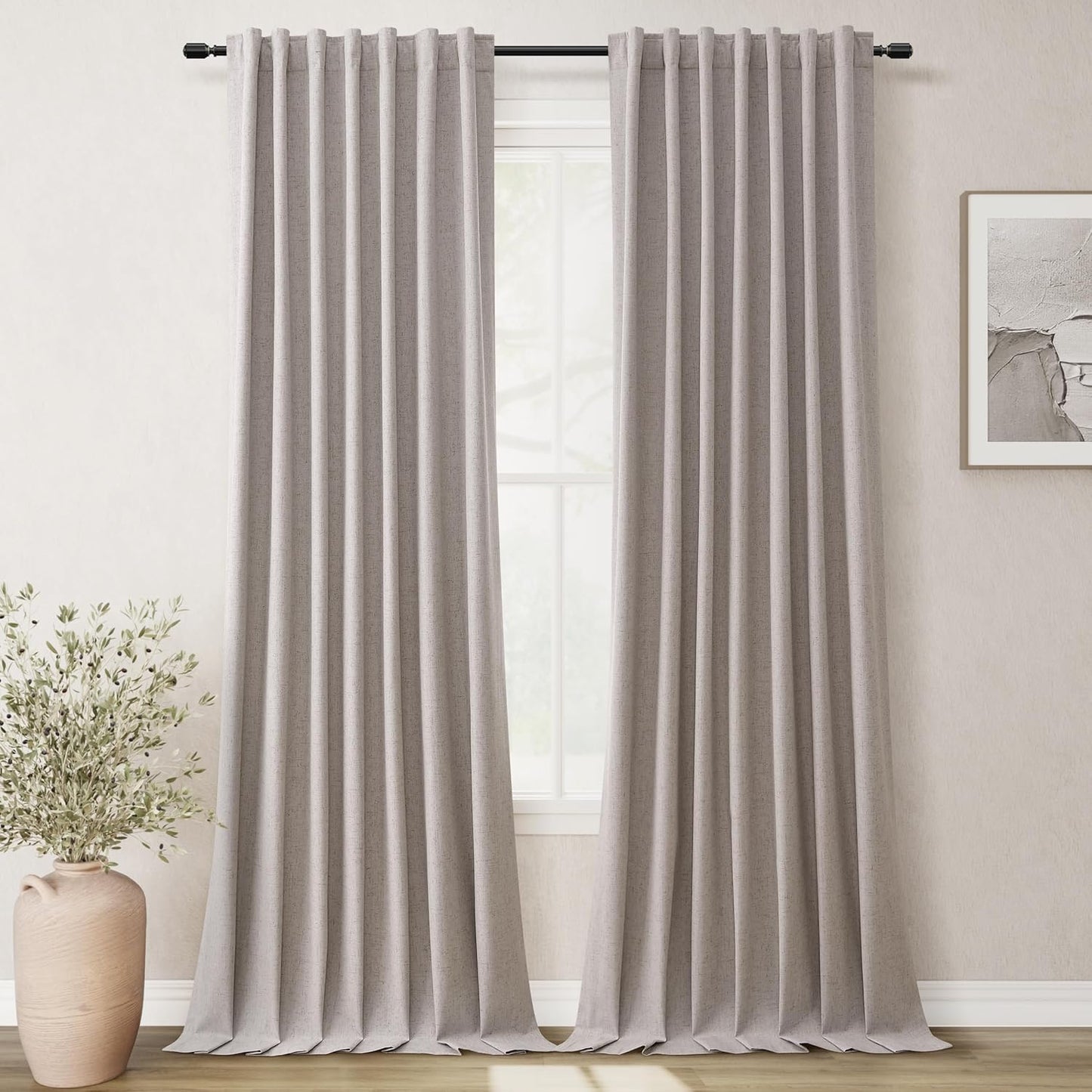 BOODII Room Darkening Curtains 120 Inch Back Tab Thermal Insulated Black Out Linen Drapes Extra Long Blackout Curtains for Patio Door Large Window Ceiling to Floor Light Blocking Brownish Grey 52x120