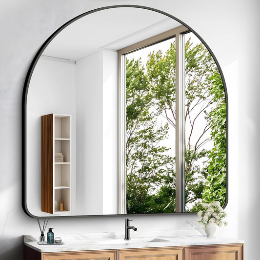 Arched Bathroom Mirror, 40"x40" Black Arched Mirror for Bathroom, Wall Mounted Mirror, Black Vanity Wall Mirror w/Metal Frame for Bedroom, Entryway, Living Room, Hanging or Leaning Against Wall