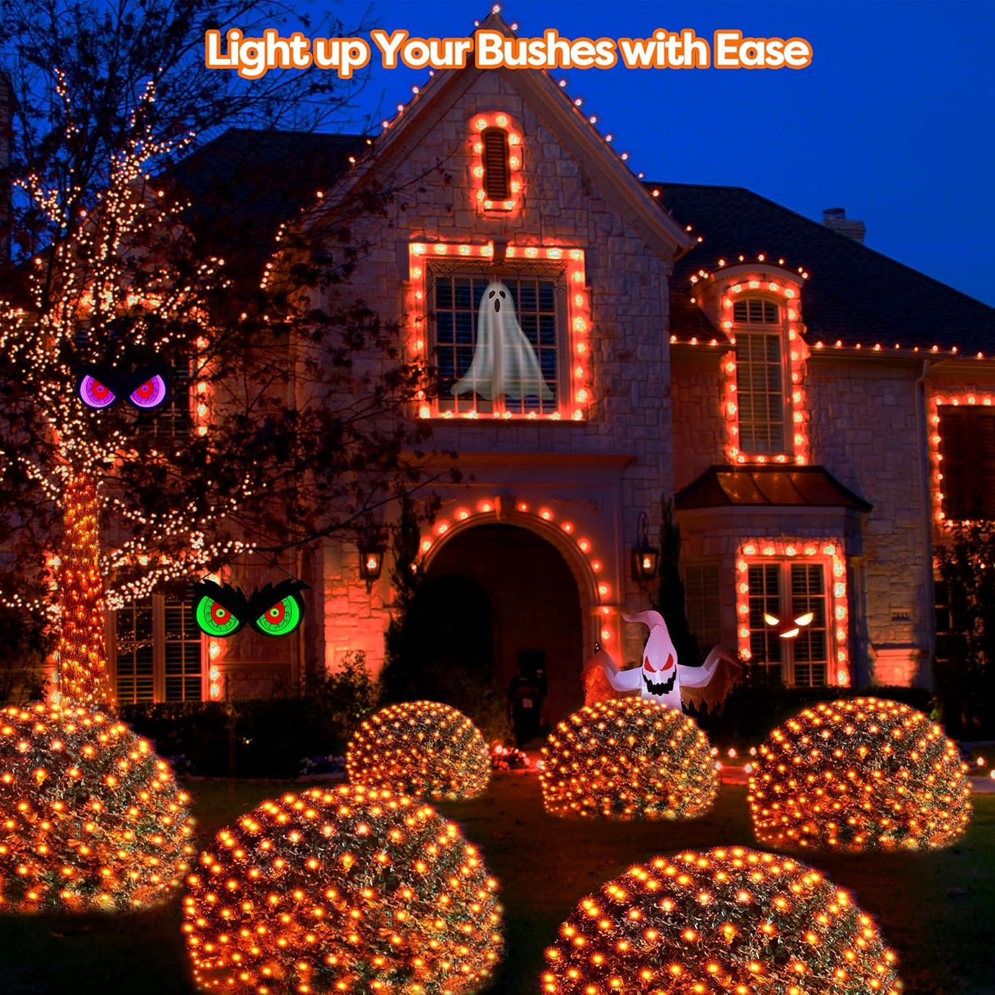 WBao Solar Halloween Lights Outdoor, 200LED 8.4ft x 5.2ft Halloween Net Lights with Remote, 8 Modes, Timer, IP65 Waterproof & Dark Green Wire for Lawn, Bushes, Trees Outdoor Decorations, Orange