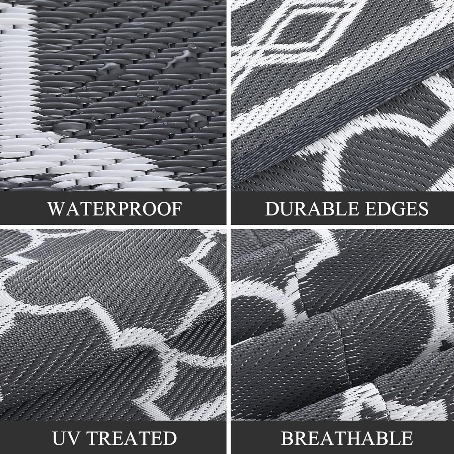 GAOMON Reversible Outdoor Rug 9'x18' Waterproof Plastic Straw Rug, Patio Rug, Large Modern Area Rug Carpet, Indoor Outdoor Rugs for Camping, Porch, Deck, Balcony, Backyard, Grey/White(Geometric)