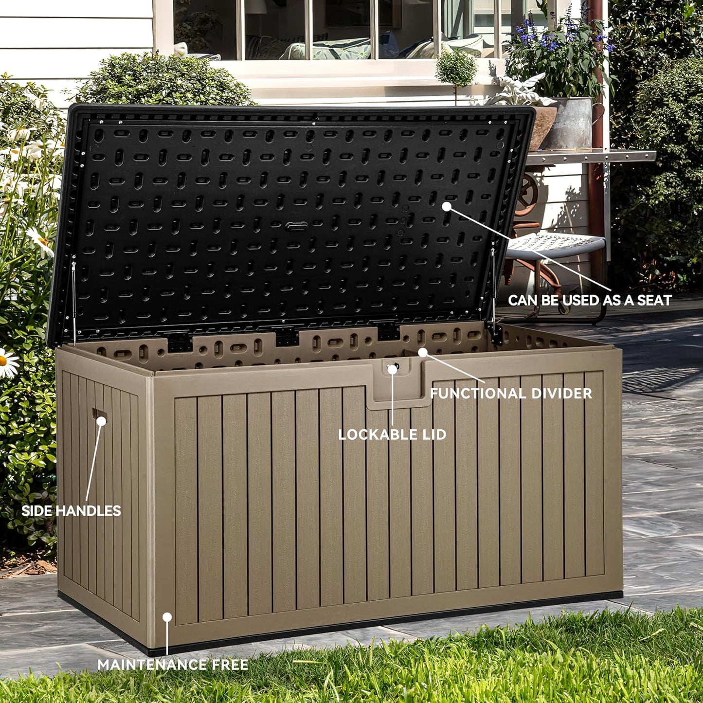 YITAHOME 230 Gallon Double-Wall Deck Box with Divider & Side Handles, Outdoor Large Storage for Patio Furniture Cushions, Garden Pool Accessories, Water Resistant & Lockable