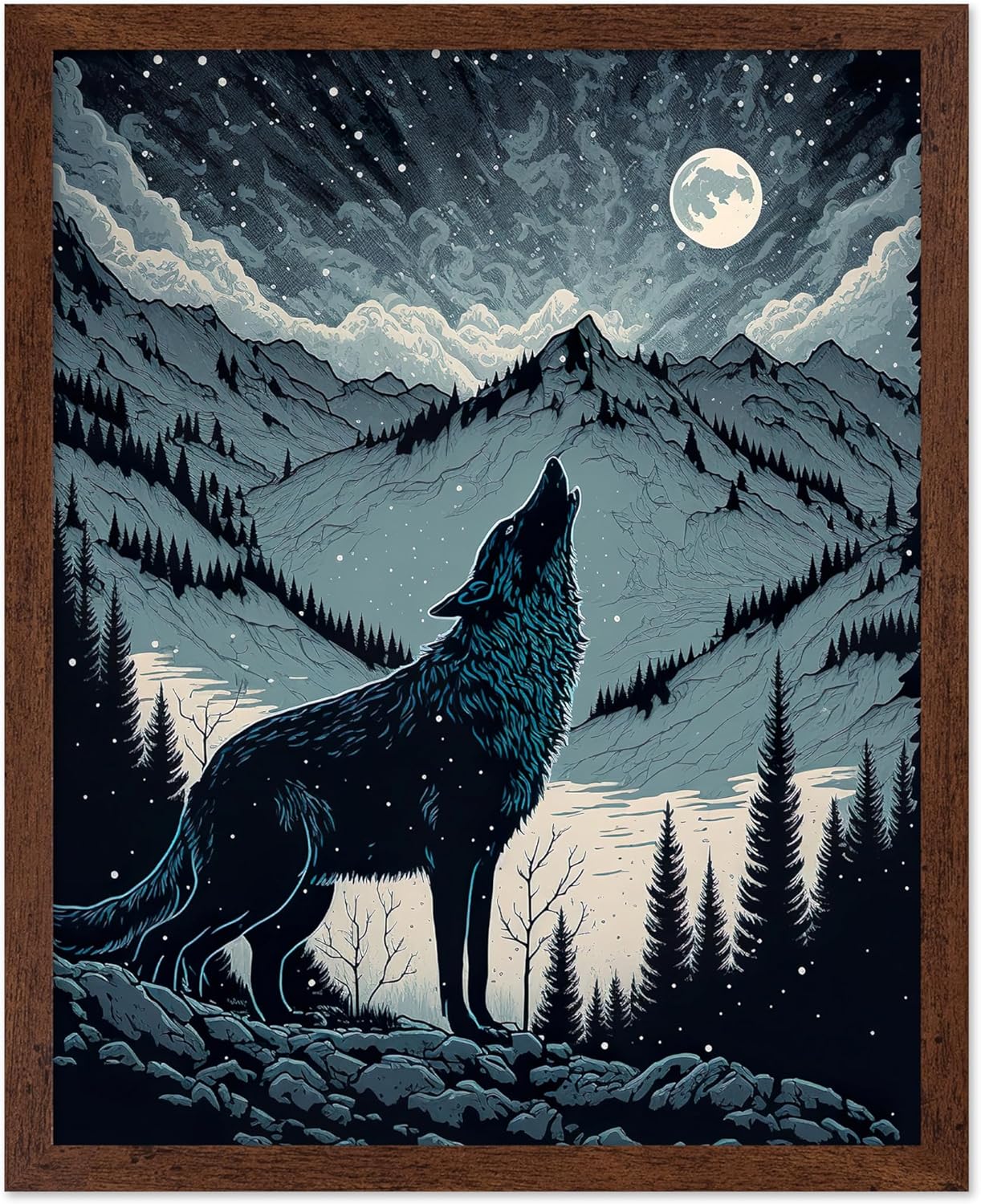 Poster Master Vintage Illustration Poster - Retro Animal Print - Gift for Artist, Friend - Wolf Howling at the Moon, Mountain, Snow, Landscape - Wall Decor for Home, Office, 11x14 Brown Framed