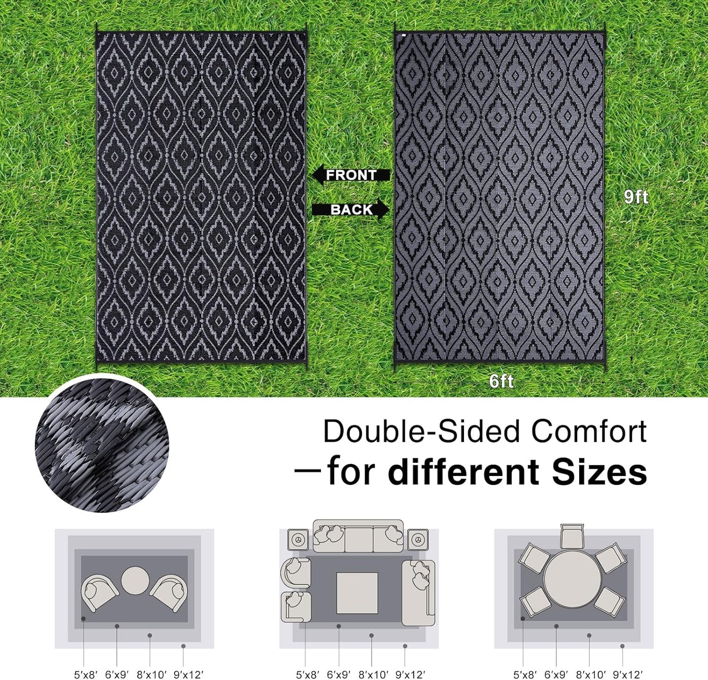 OLANLY Outdoor Rug 6x9 ft Waterproof, Outdoor Plastic Straw Rug with Geometric Pattern Clearance, Reversible RV Mat for Patio, Camping, Balcony, Deck, Backyard, Black & Grey