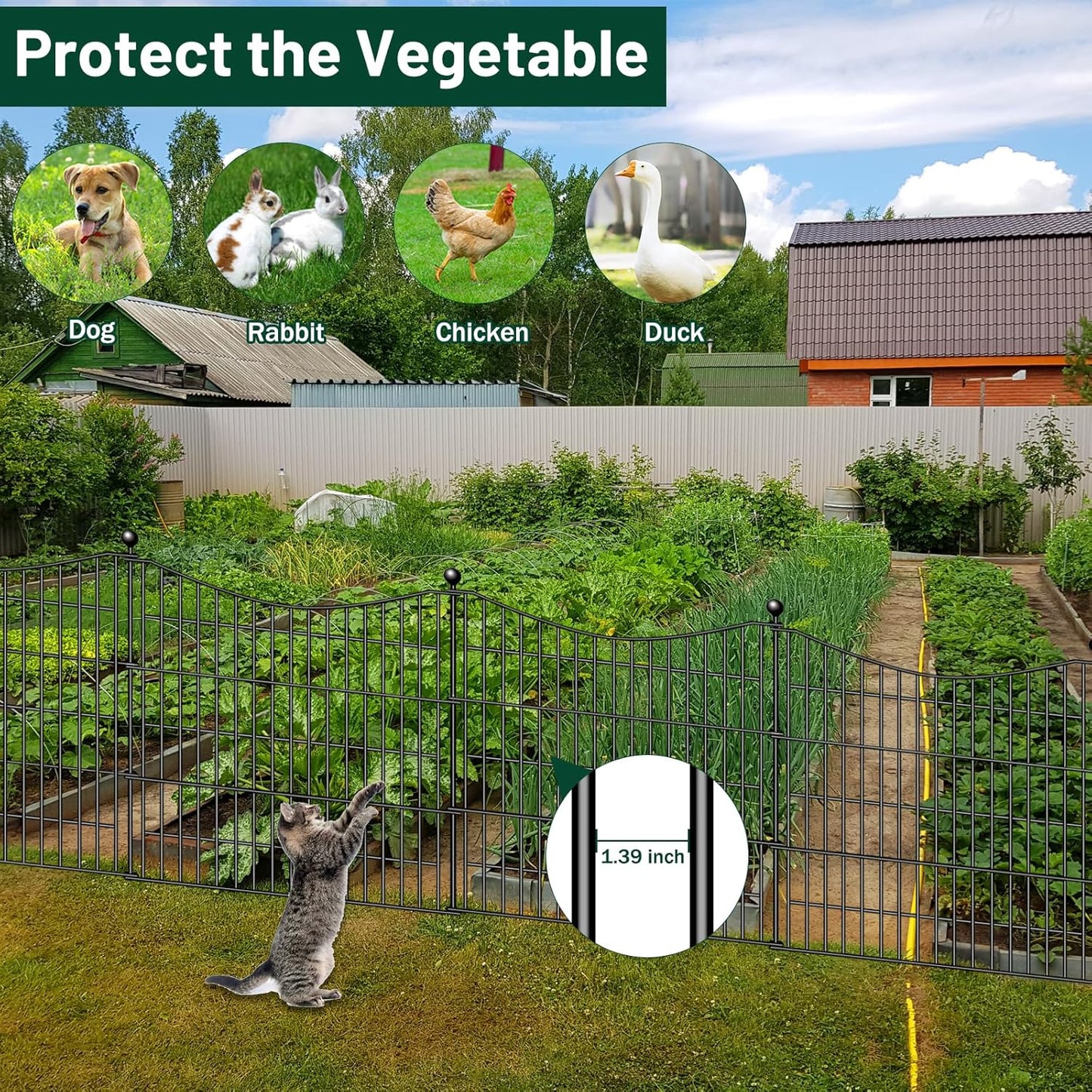 8 Panels Decorative Garden Fence with Gate, 48 in(H) X 21 ft(L) No Dig Dog Fence Animal Barrier Outdoor for Yard, Rustproof Metal Garden Edging and Borders, Temporary Fencing Stakes